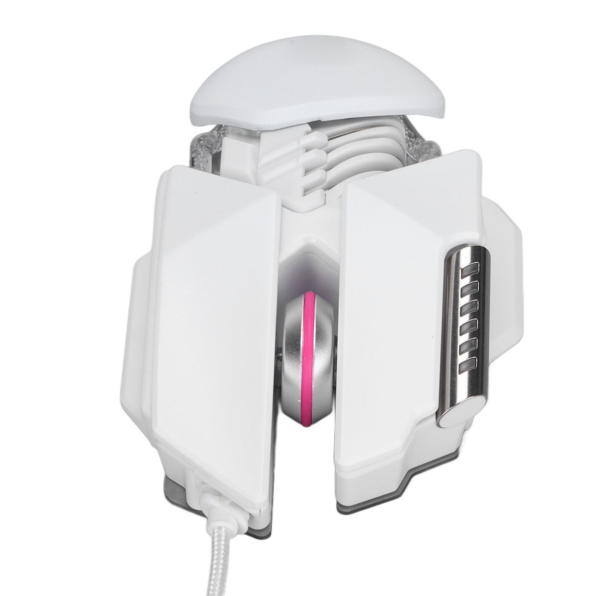 Weiße Gaming-Maus mit futuristischem Design. Sie hat ein rosa Scrollrad und metallische Akzente.