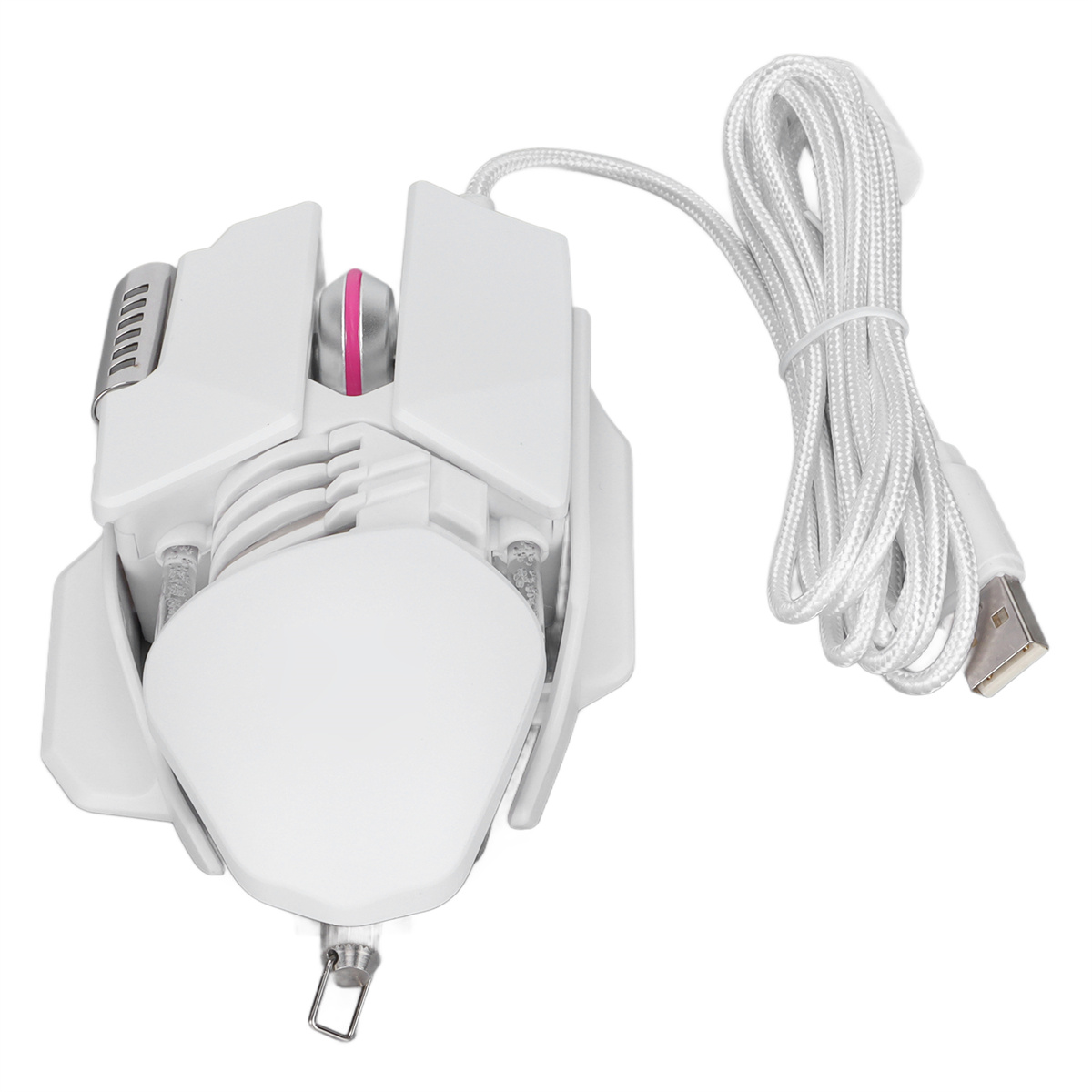 Eine weiße Gaming-Maus mit pinkfarbenem Scrollrad und weißem Kabel. Sie hat ein eckiges Design.