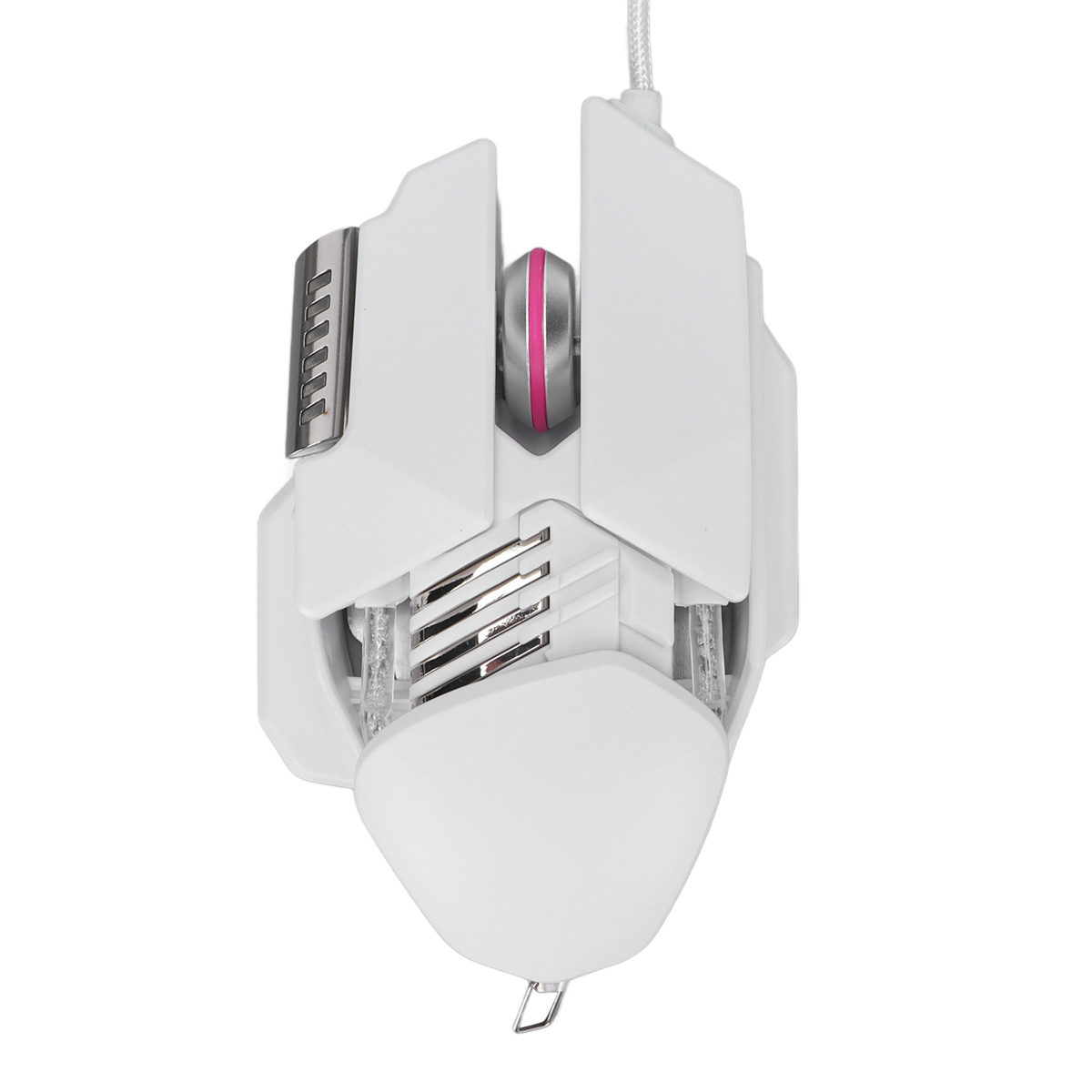 Weiße Gaming-Maus mit pinkfarbenem Scrollrad, metallischer Seite und transparentem Bereich.