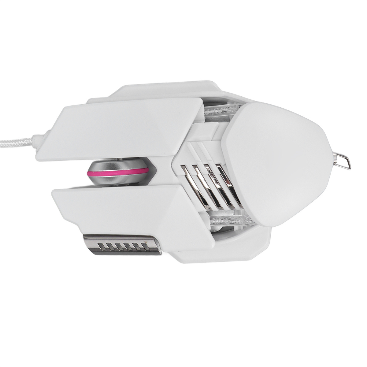 Weiße Gaming-Maus mit rosa Rad und silbernen Akzenten, auf weißem Hintergrund.