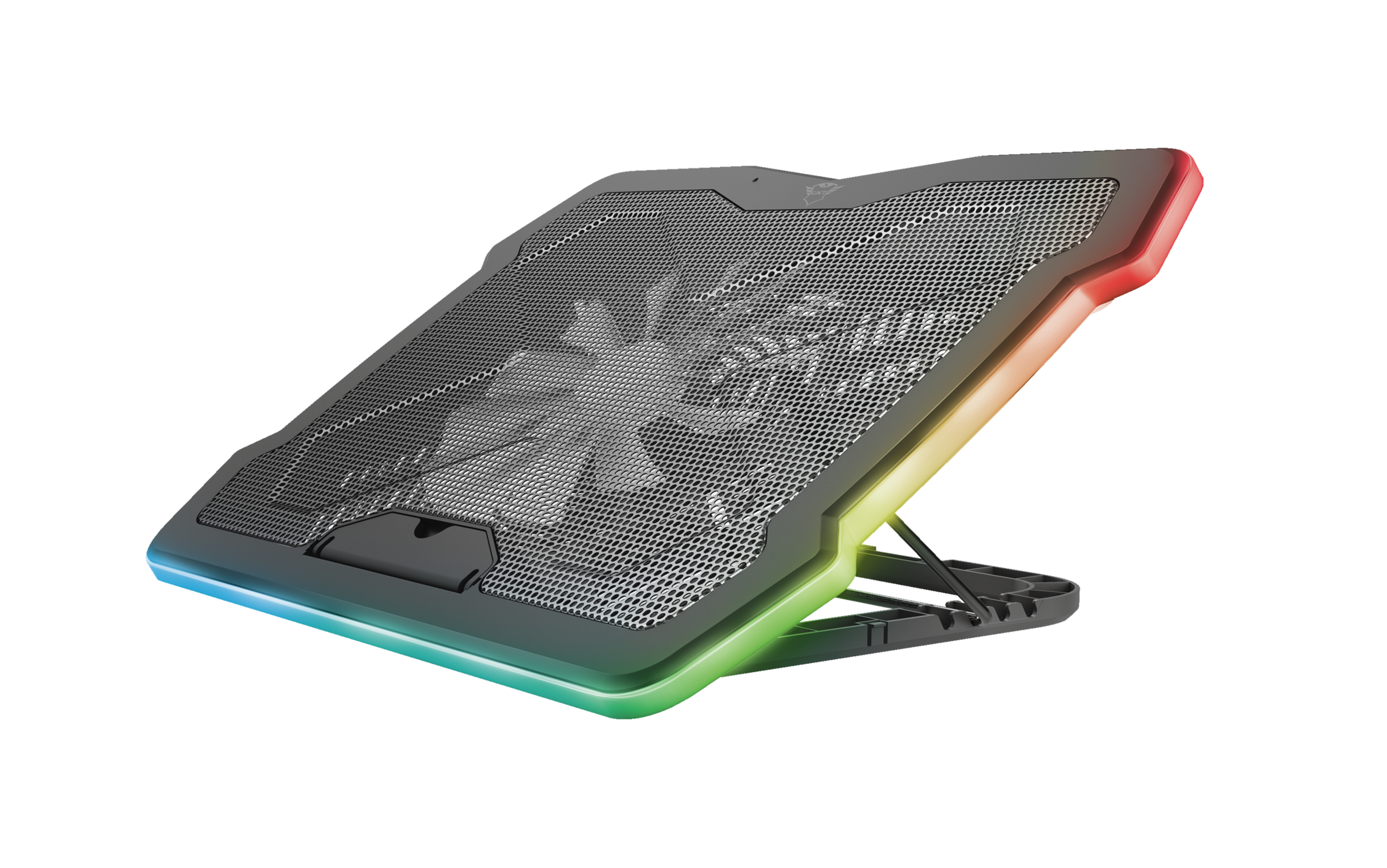 Laptop-Kühlpad mit Lüfter und RGB-Beleuchtung, abgewinkelt auf schwarzem Hintergrund.