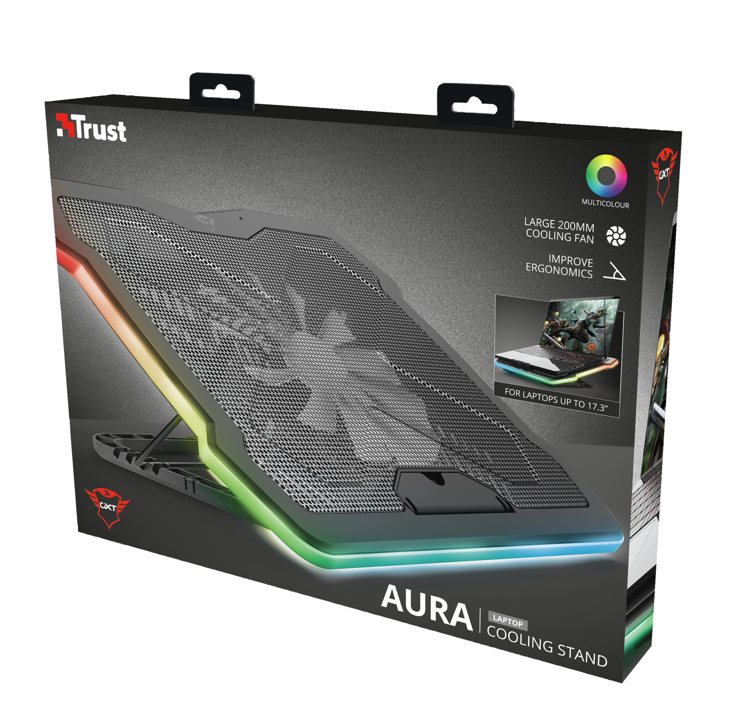 Schwarzer Laptop-Kühlständer mit RGB-Beleuchtung, abgewinkelt für den Gebrauch, und eine Laptop-Box auf dunkler Oberfläche.