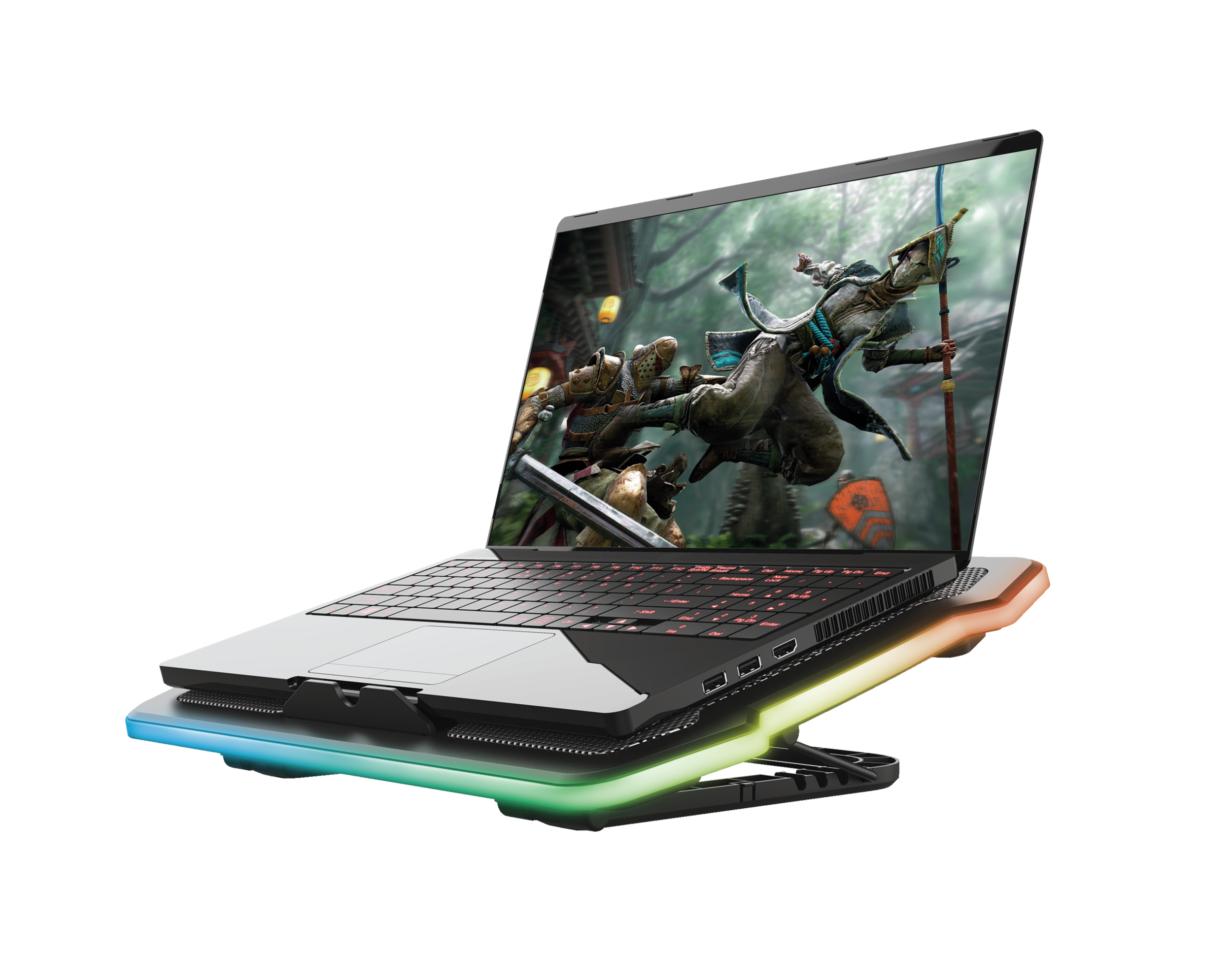Gaming-Laptop mit beleuchteter Tastatur und Laptop-Ständer mit RGB-Beleuchtung, auf schwarzem Hintergrund.