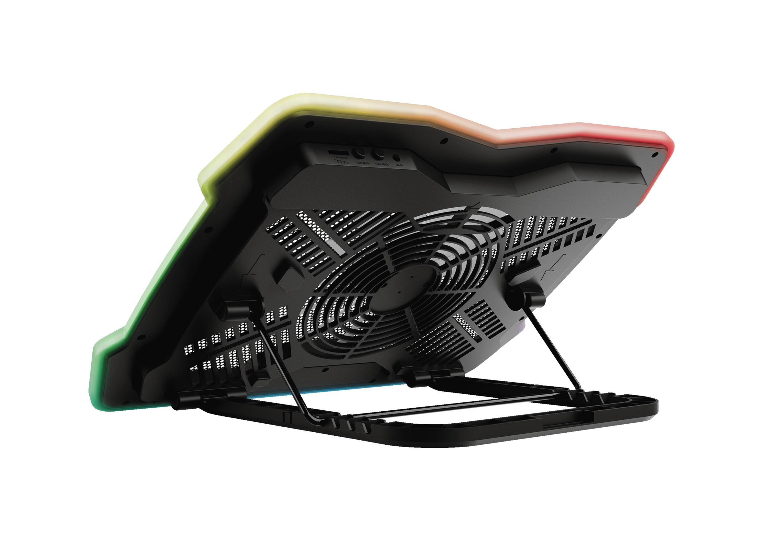 Schwarzer Laptop-Kühler mit RGB-Beleuchtung und sichtbarem Lüfter. Er ist geöffnet und nach oben abgewinkelt.