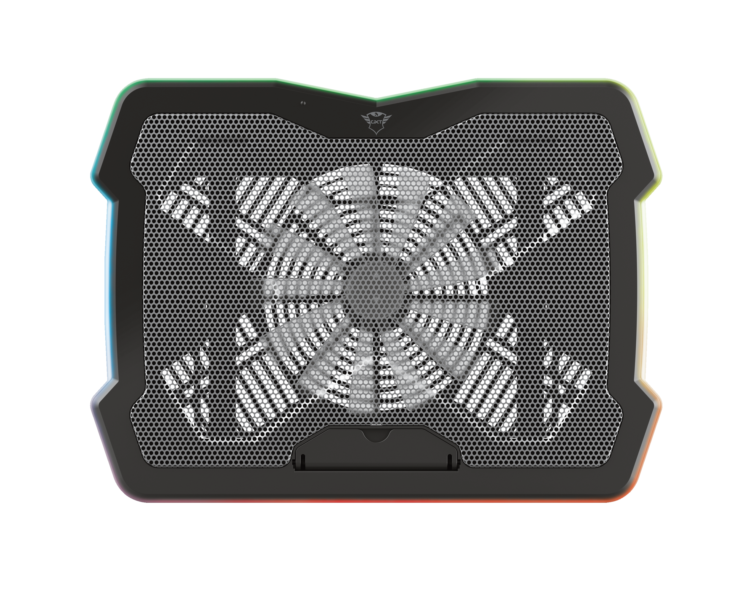 Ein schwarzer Laptop-Kühler. Er hat einen Lüfter in der Mitte und eine Mesh-Oberfläche.