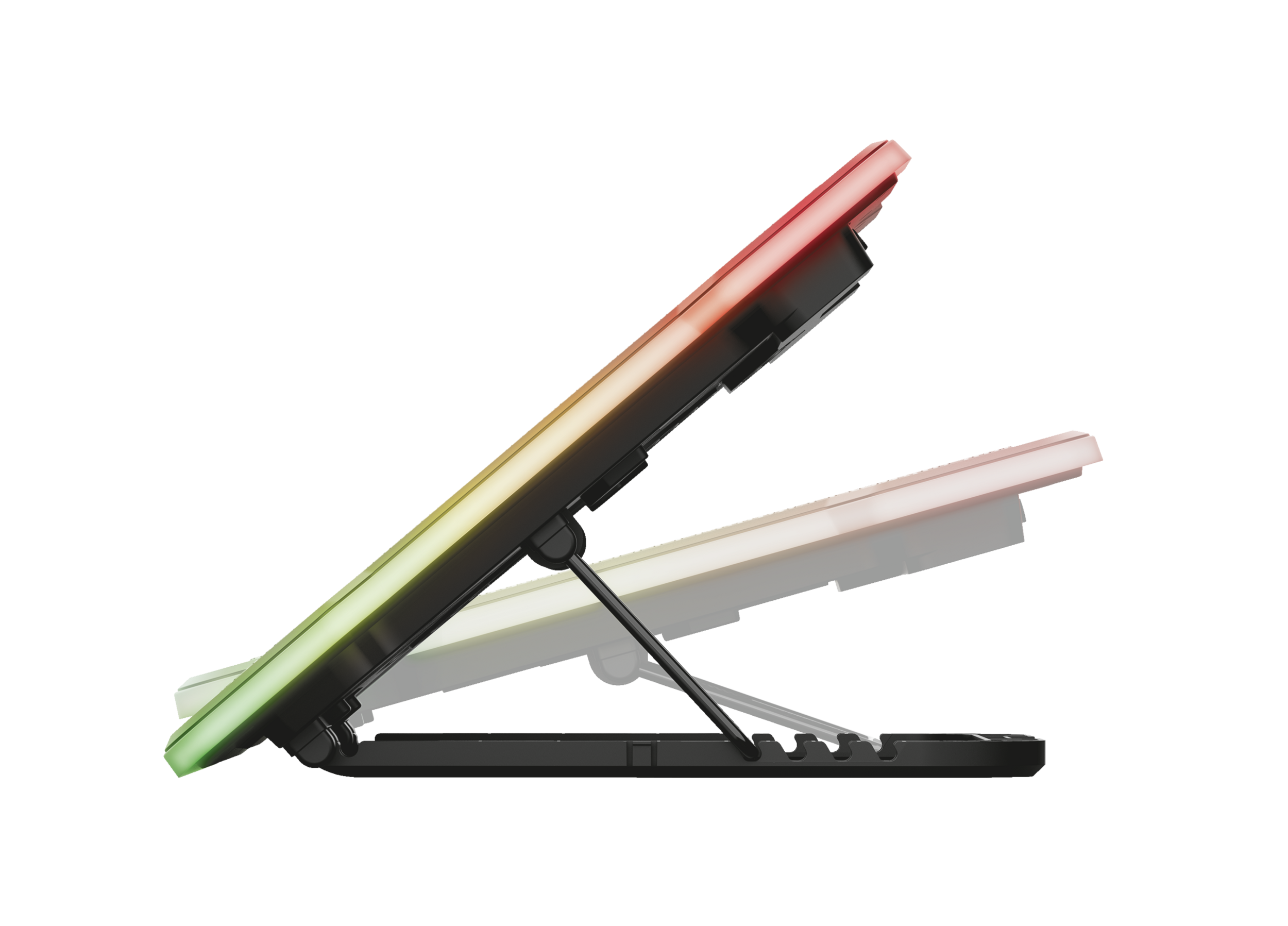 Schwarzer Laptop-Ständer, Seitenansicht, mit farbigem Licht. Der Hintergrund ist schwarz.