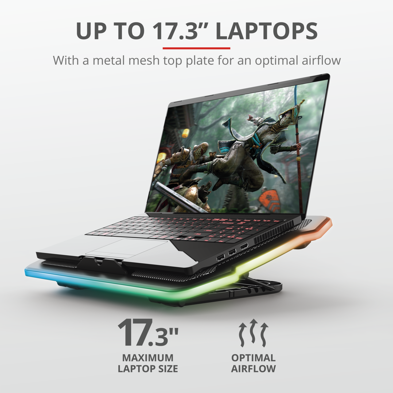 Laptop auf einem Kühlpad mit RGB-Beleuchtung. Der Laptop zeigt ein Spiel.
