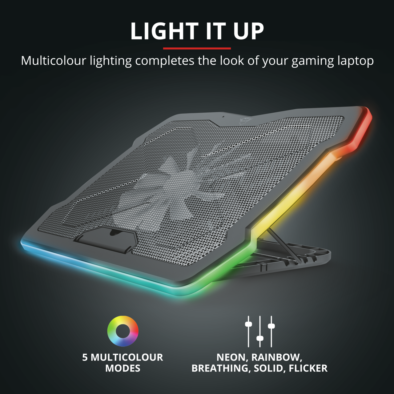 Laptop-Kühler mit RGB-Beleuchtung. Merkmale: Lüfter, verstellbarer Ständer und Text 'LIGHT IT UP'.