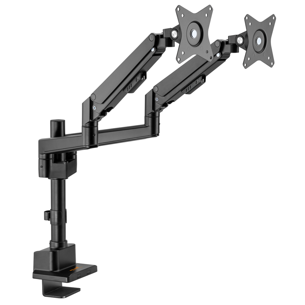 Schwarzer Monitorarm mit zwei Montageplatten vor weißem Hintergrund.