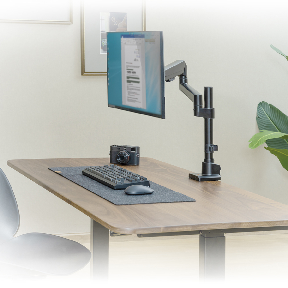 Ein Computer-Setup auf einem Holztisch. Es umfasst einen Monitor, eine Tastatur, eine Maus und eine Pflanze im Hintergrund.