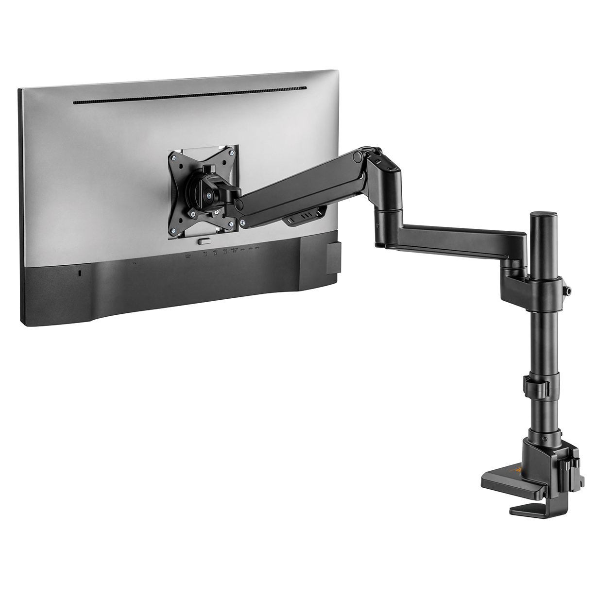 Schwarzer Monitorarm mit angeschlossenem Monitor auf weißem Hintergrund.
