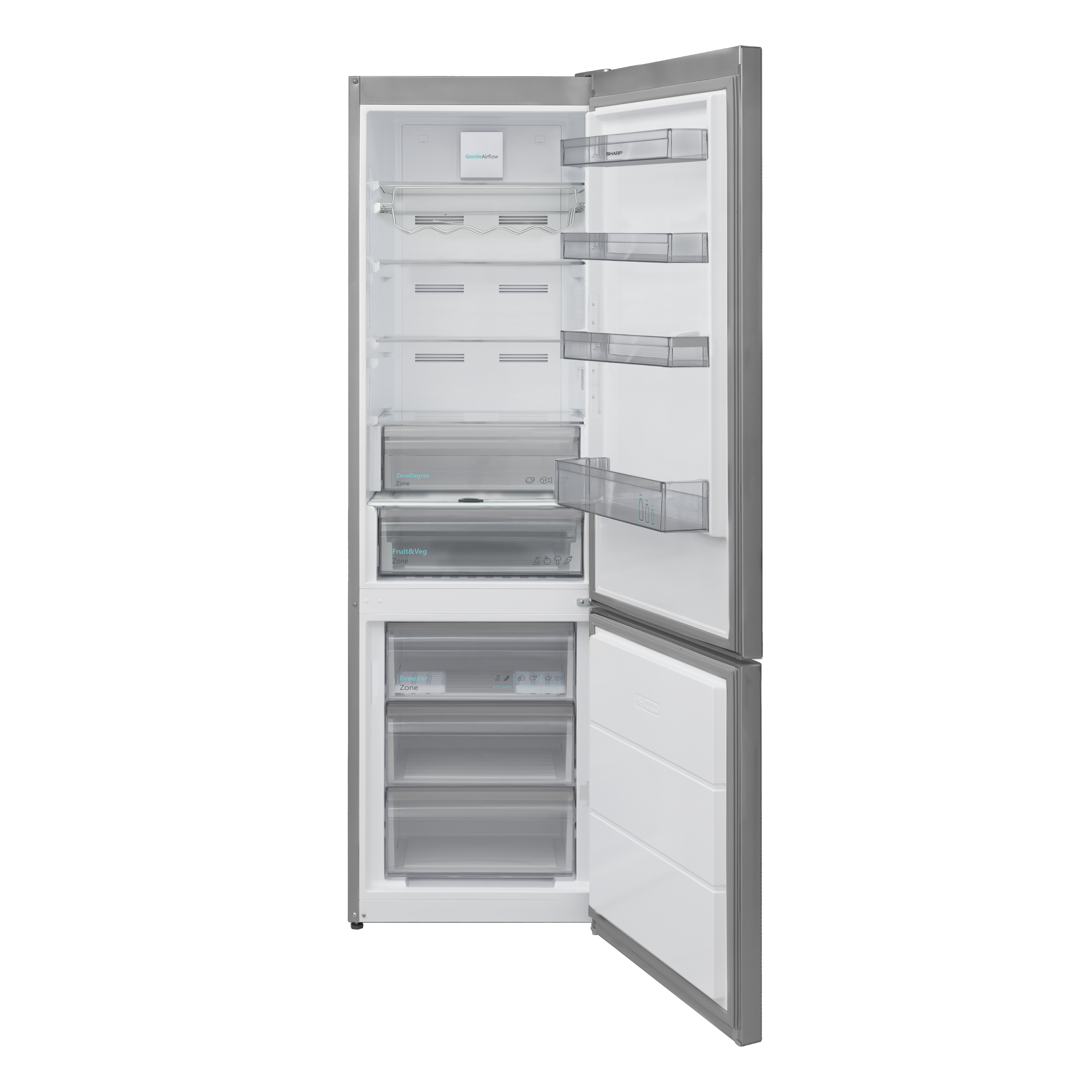 Silver refrigerator with open doors, showing shelves and compartments.
