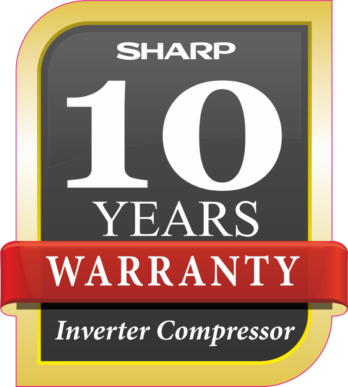 Sharp 10 YEARS WARRANTY logo, black background, gold and red accents, inverter compressor.