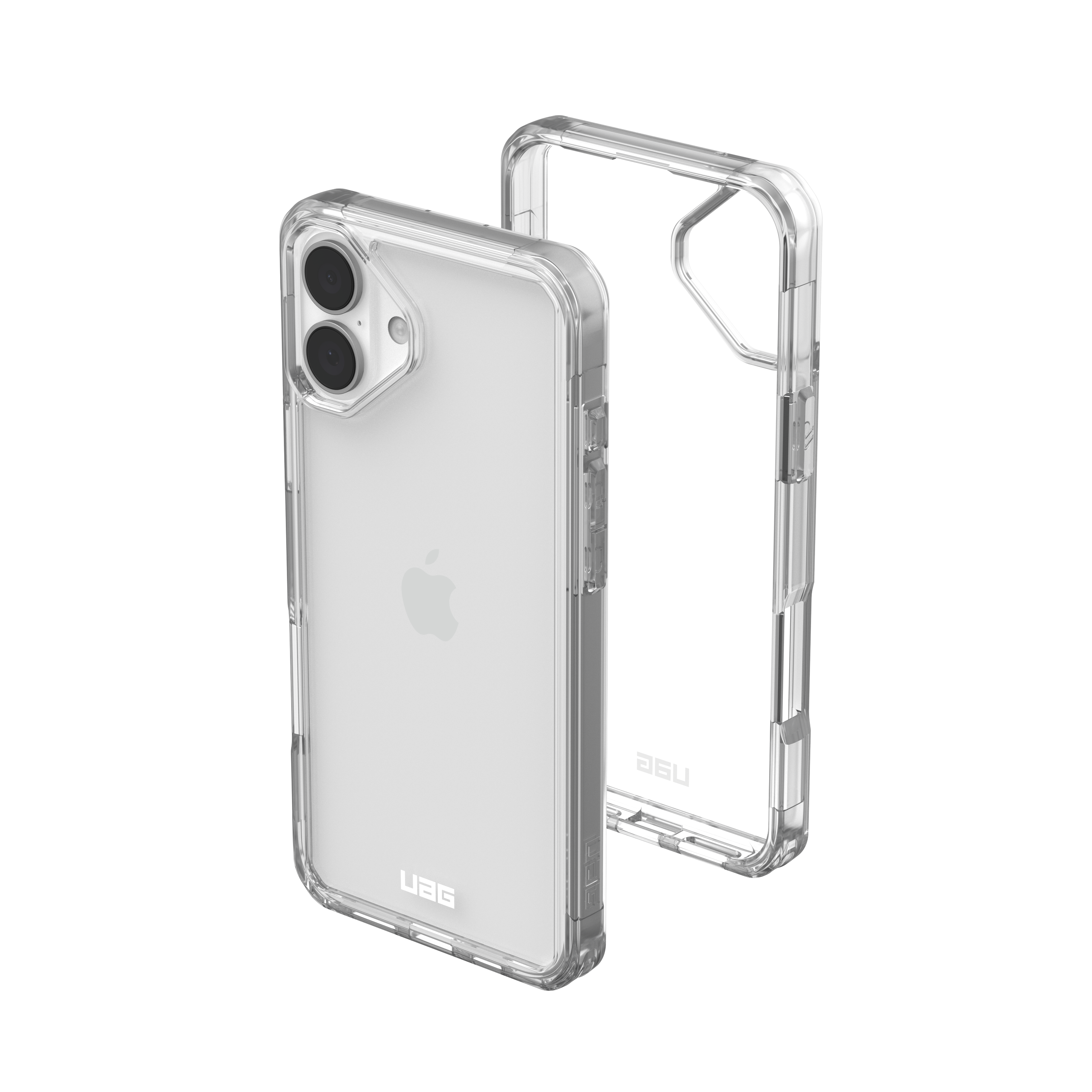 Funda transparente para teléfono. La funda es transparente. El teléfono que hay dentro es visible. Logotipo de UAG en la parte inferior.