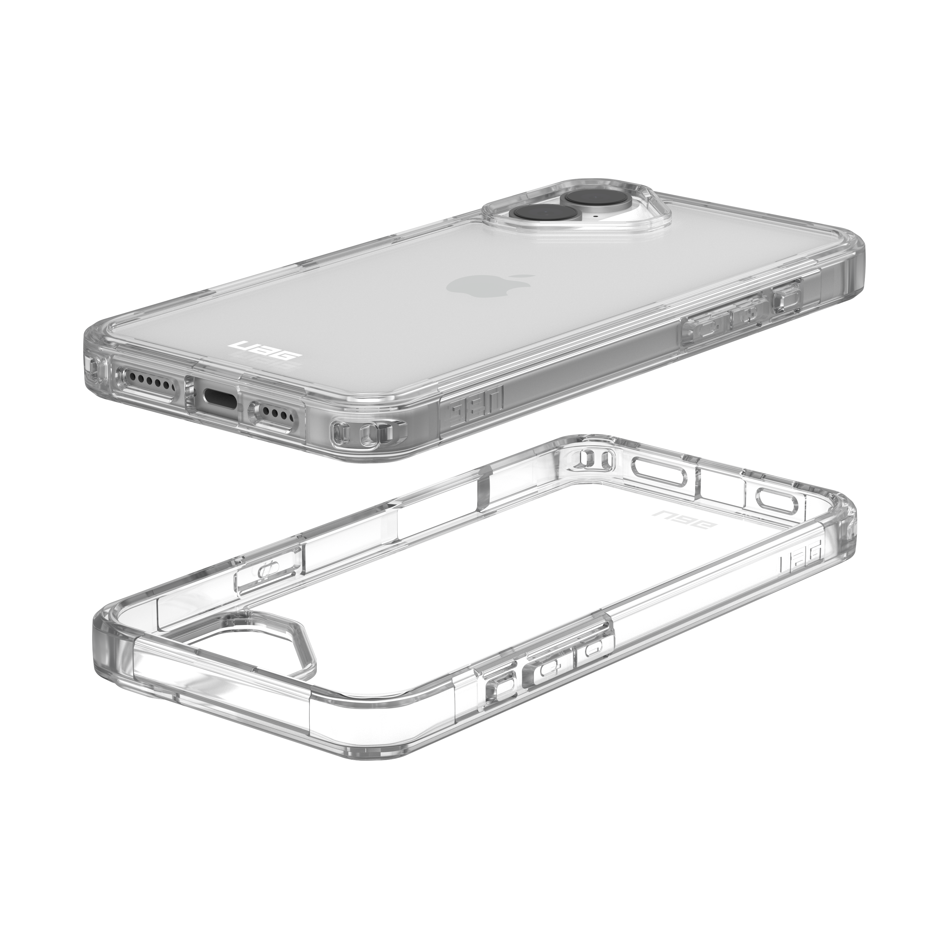 Dos fundas transparentes para teléfono. Una está ensamblada y otra desensamblada.