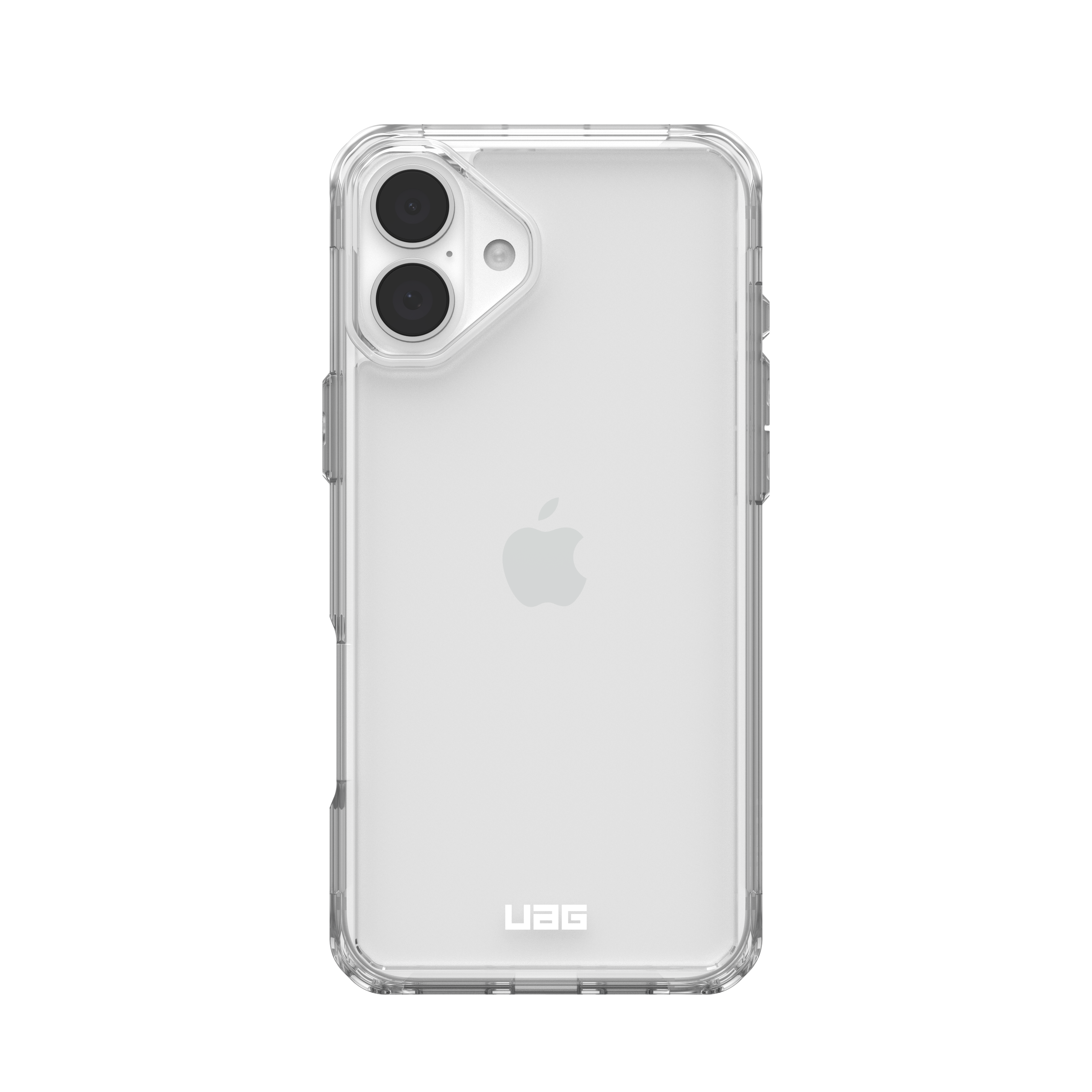 Funda transparente para teléfono sobre fondo negro, con cámara dual y logo Apple.