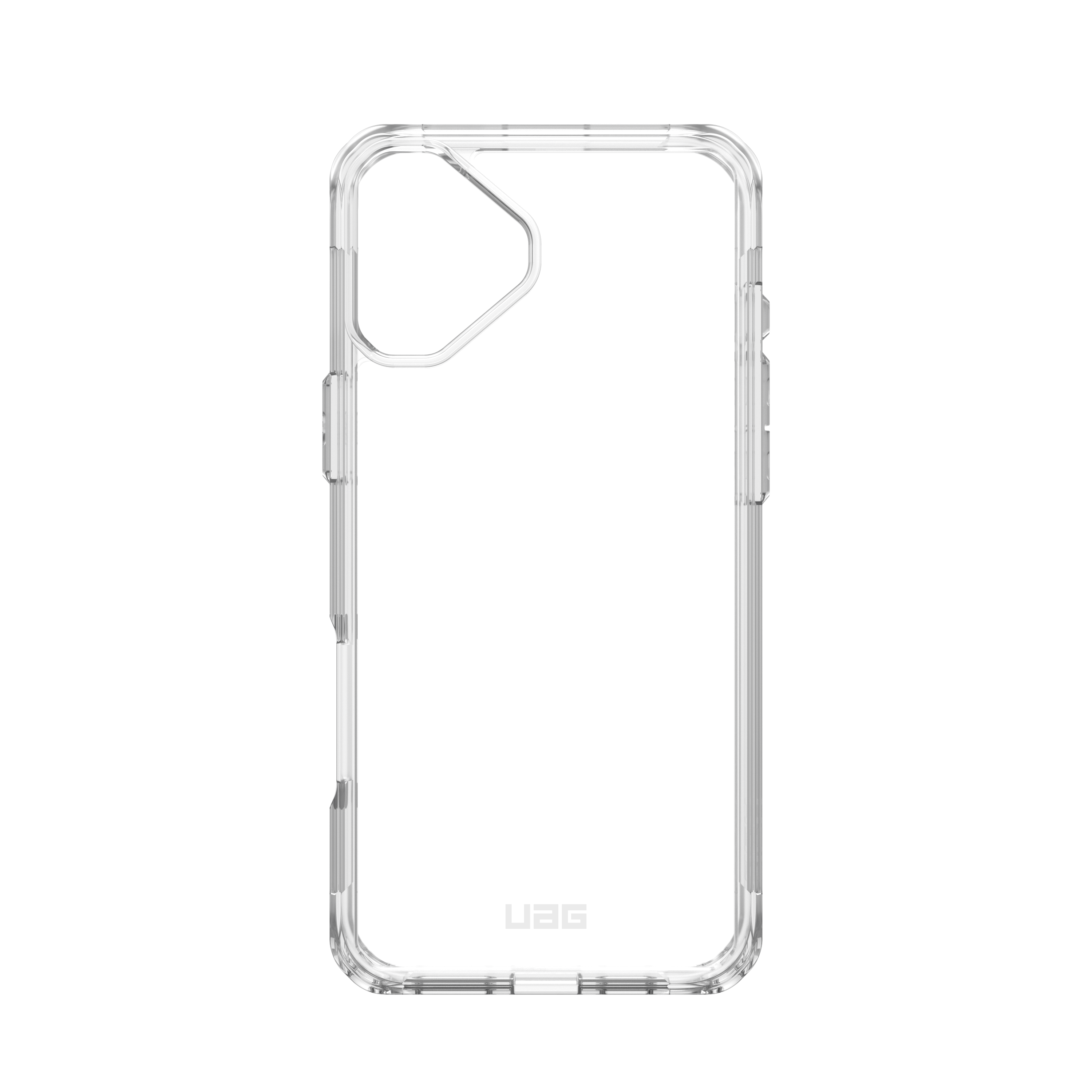 Funda transparente para teléfono. La funda es transparente con un logotipo de UAG en la parte inferior.