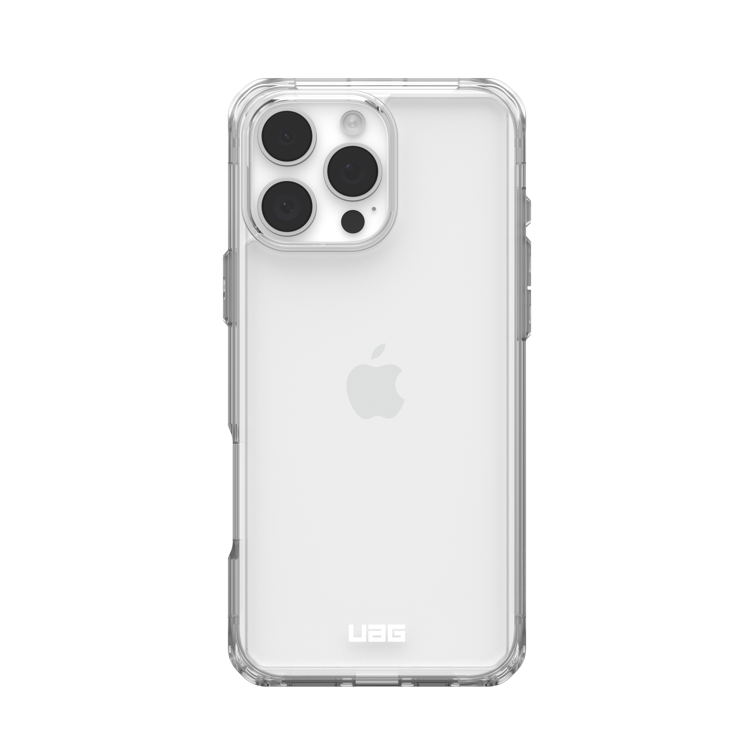 Transparente Handyhülle mit Telefon, zeigt Apple-Logo, auf schwarzem Hintergrund.