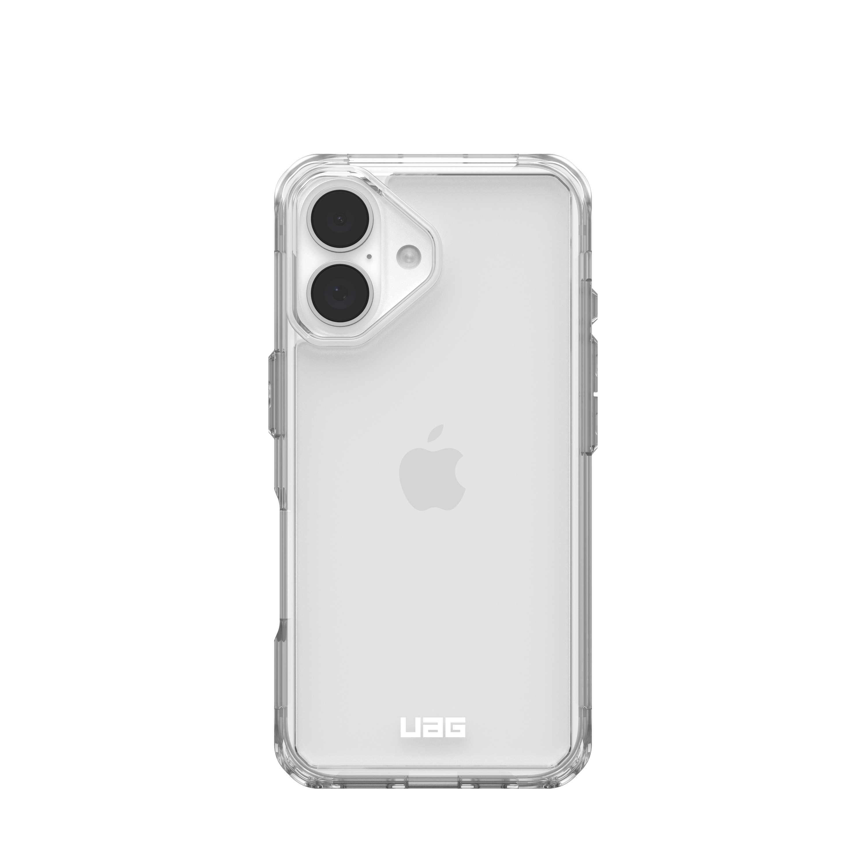Eine transparente Handyhülle mit schwarzem Rand. Die Rückseite zeigt ein Apple-Logo.