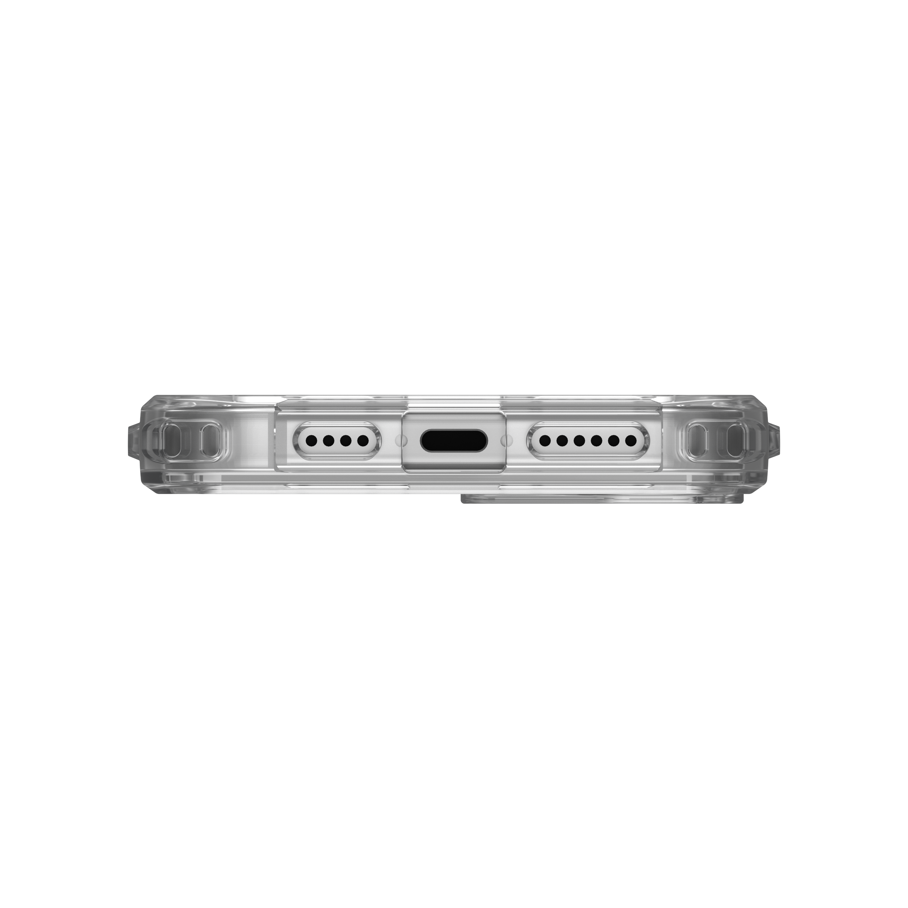 Funda transparente para teléfono con puerto de carga, altavoces y botones.