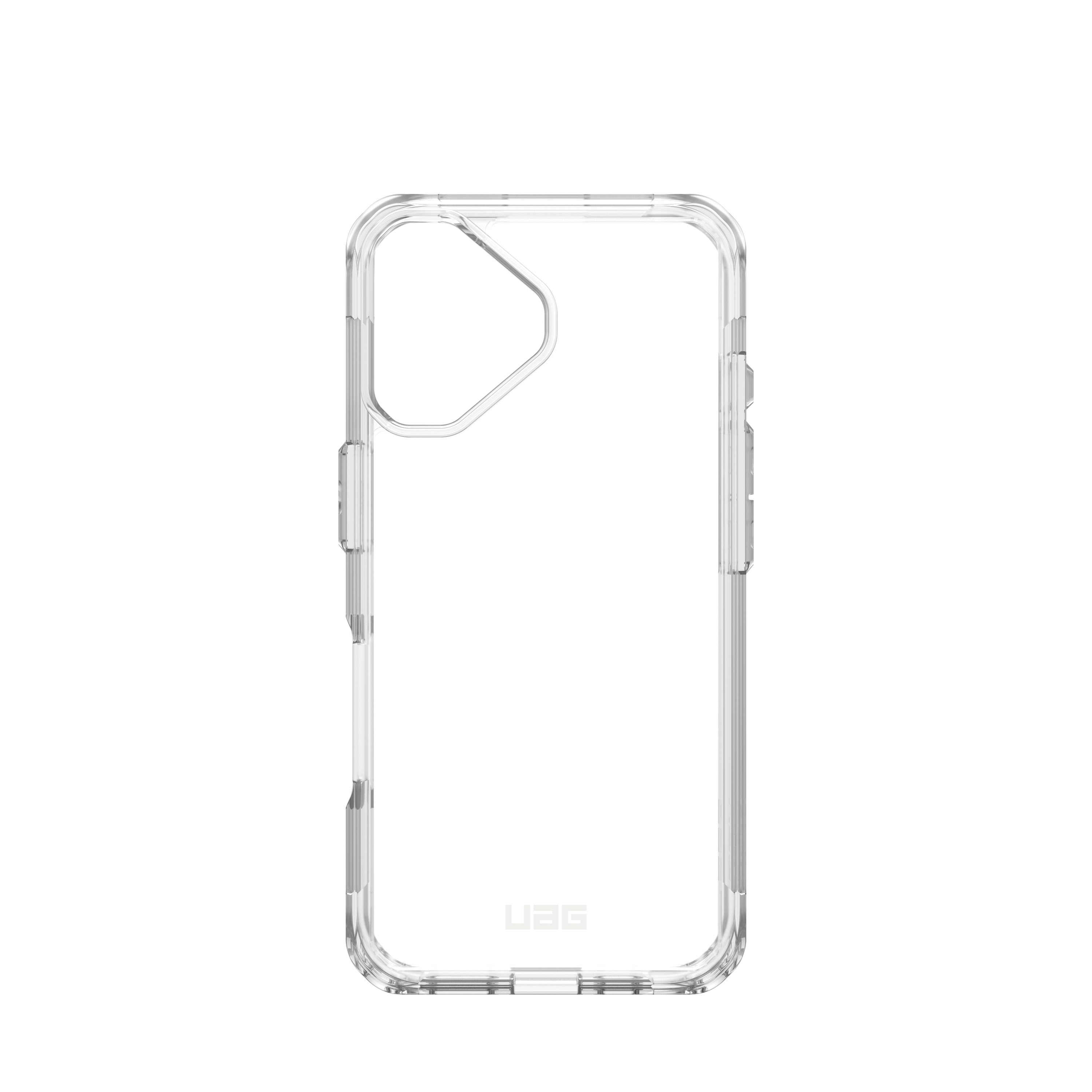 Eine transparente, schwarz umrandete Handyhülle. Die Rückseite ist transparent, die Ränder sind schwarz. Das UAG-Logo ist sichtbar.