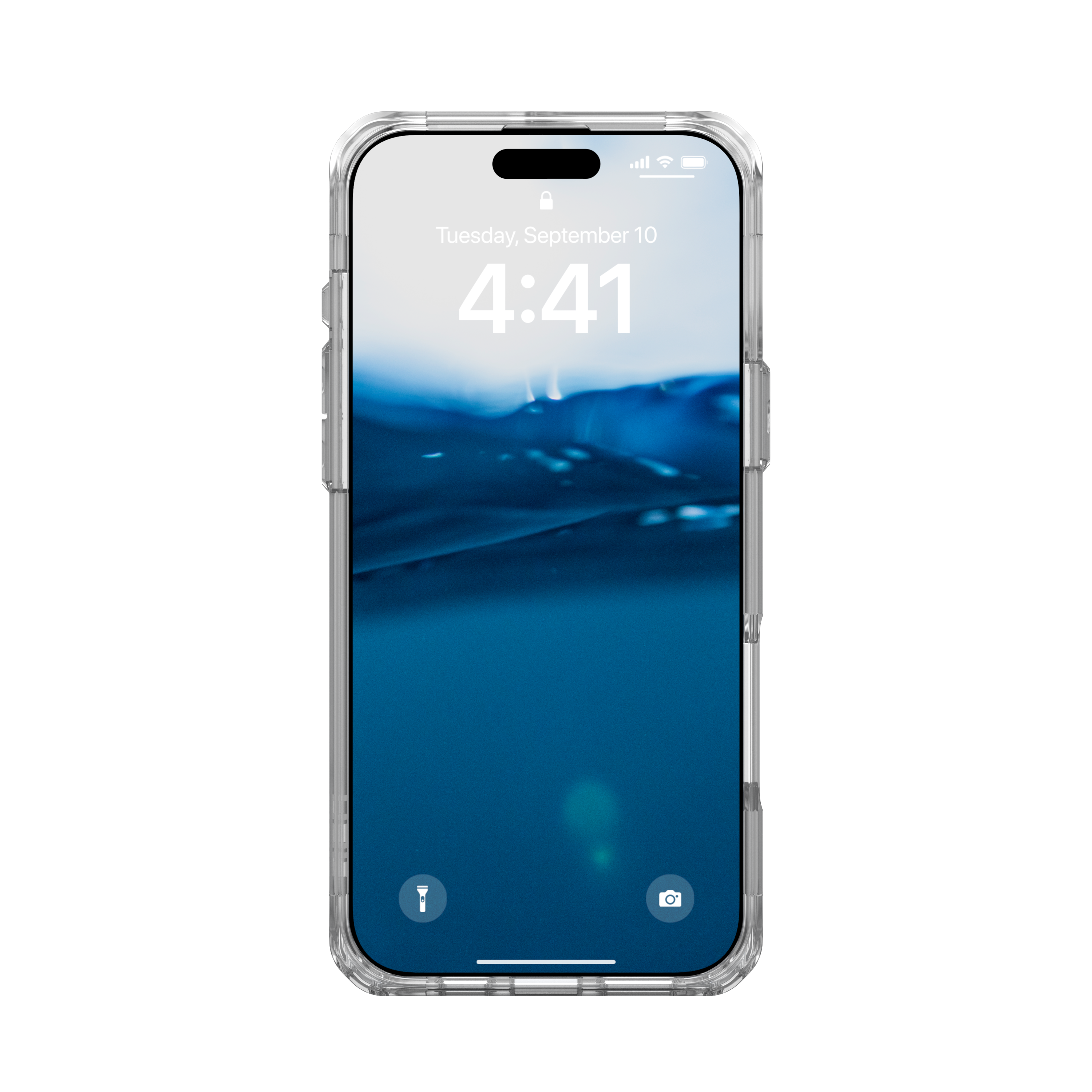 Ein Smartphone mit durchsichtiger Hülle, das einen Wallpaper mit Wasserthema zeigt, schwarzer Hintergrund.