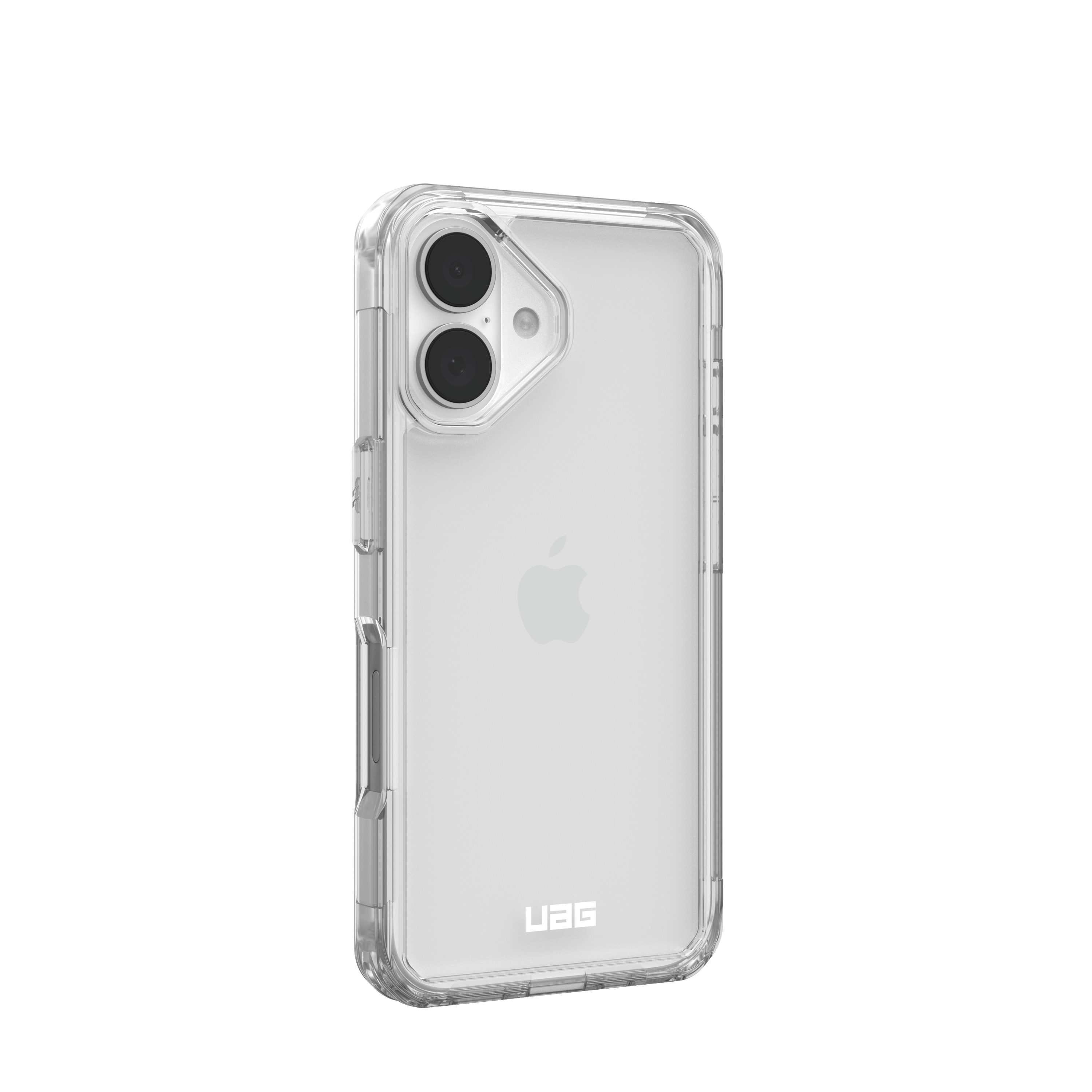 Transparente Handyhülle auf einem weißen Telefon. Die Hülle hat ein UAG-Logo unten.