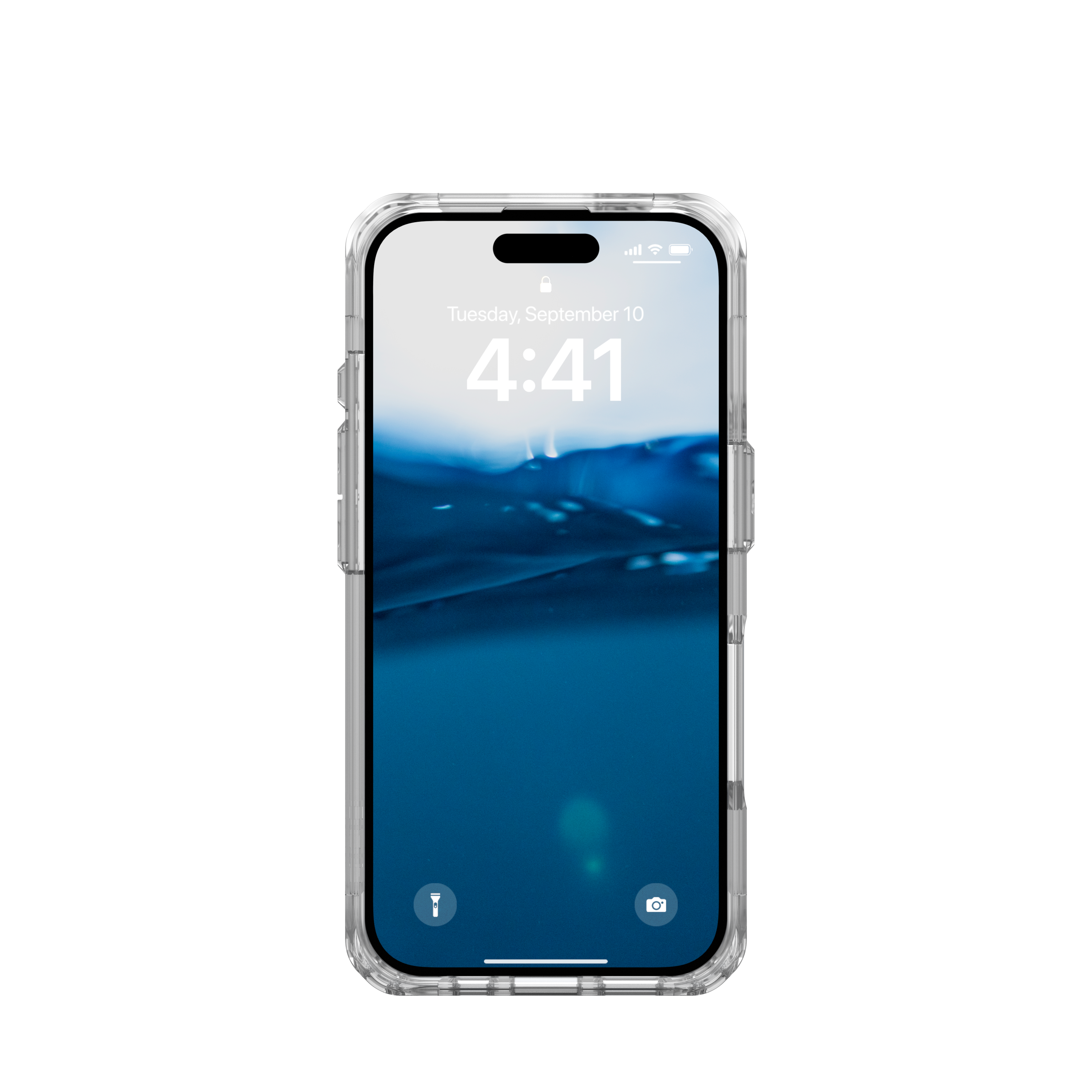 Ein iPhone 14 Pro in einer durchsichtigen Hülle, das die Uhrzeit 4:41 auf einem blauen Hintergrund mit Wasserthema anzeigt.