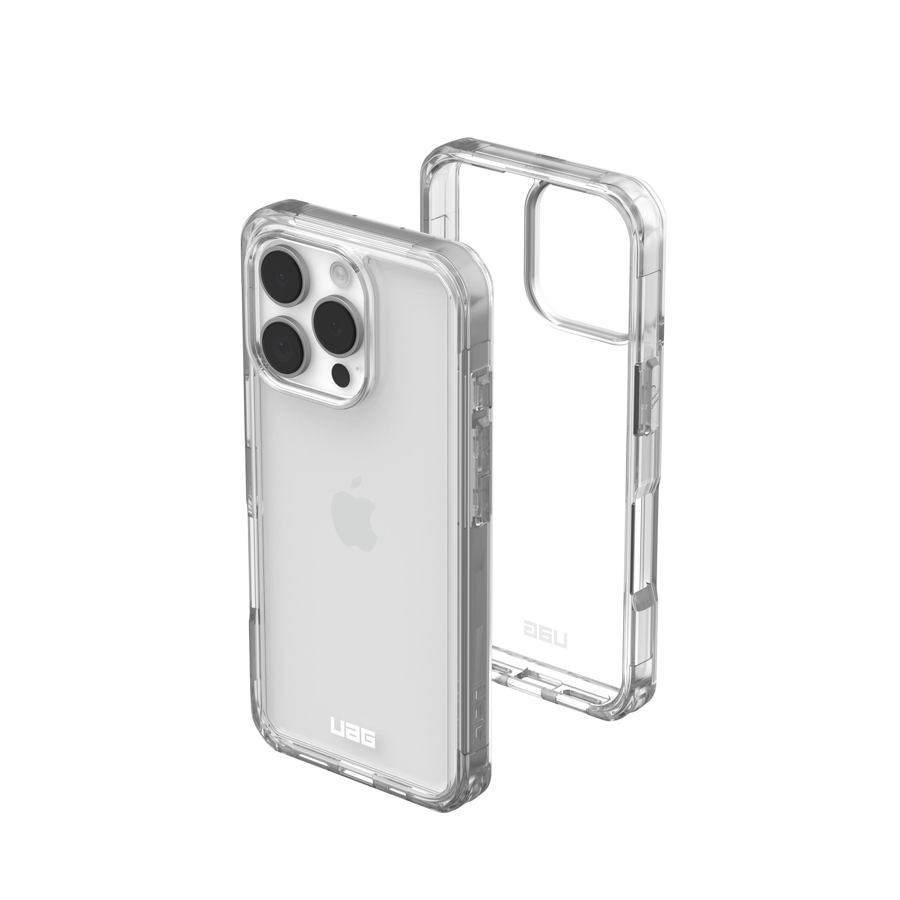 Transparente Handyhülle mit Telefon. Weißer Hintergrund.