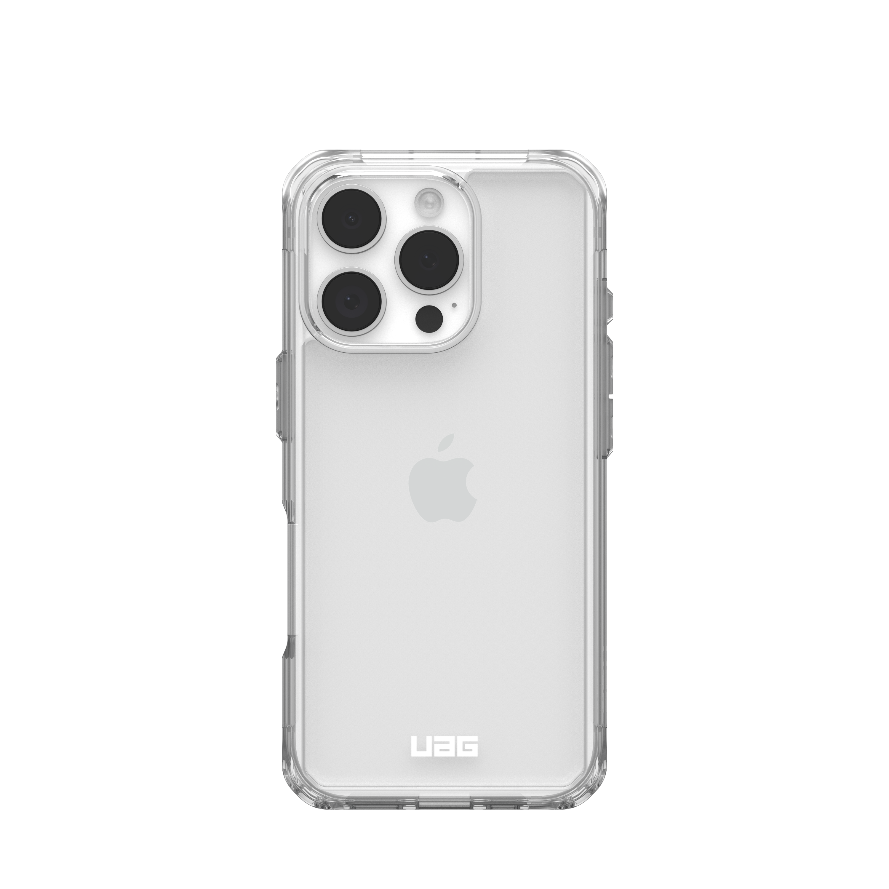 Transparente Handyhülle auf schwarzem Hintergrund, mit Apple-Logo.