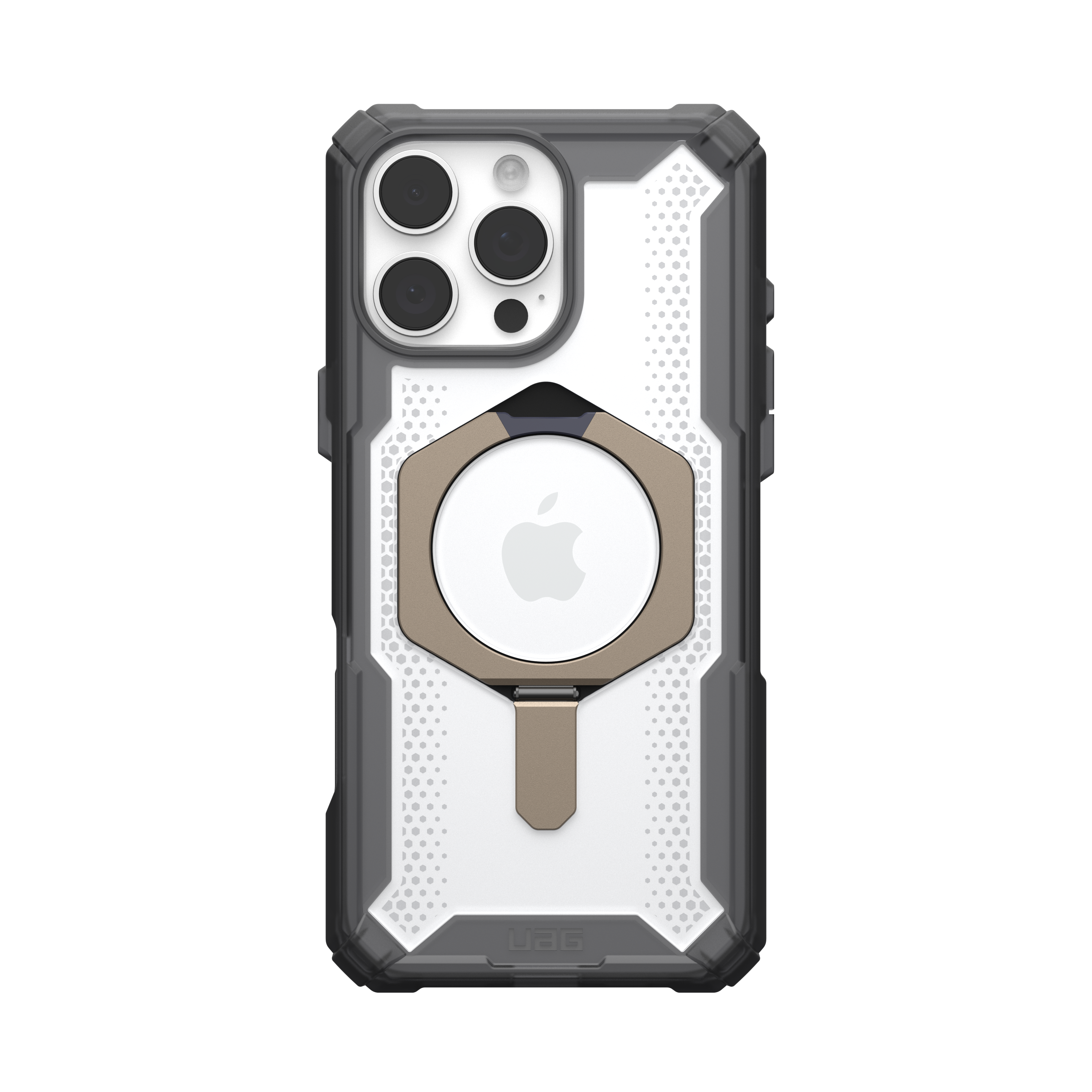 Handyhülle, transparent, mit einem Apple AirTag-Halter, auf schwarzem Hintergrund.