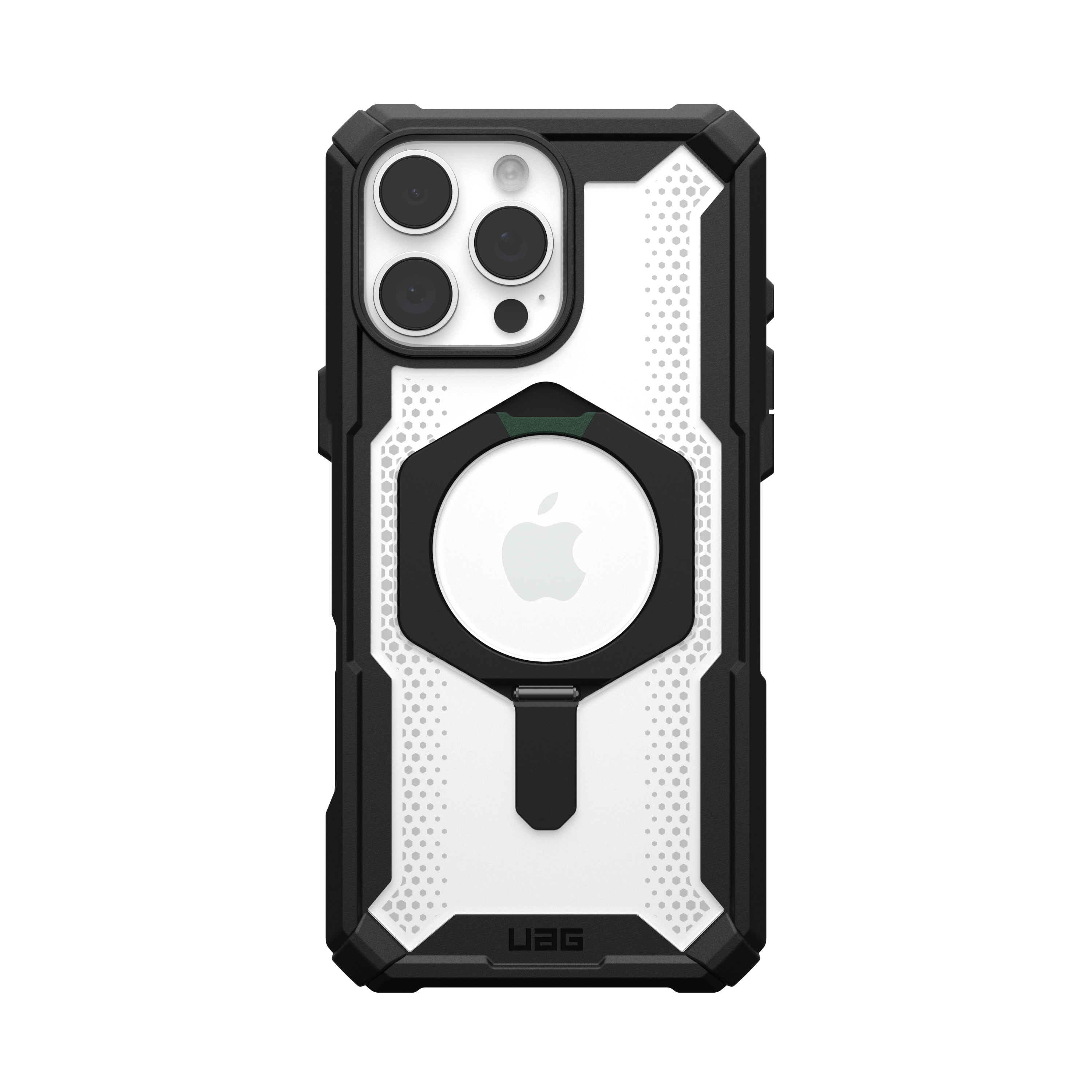 Una custodia per telefono in bianco e nero con un design e il logo Apple visibile.