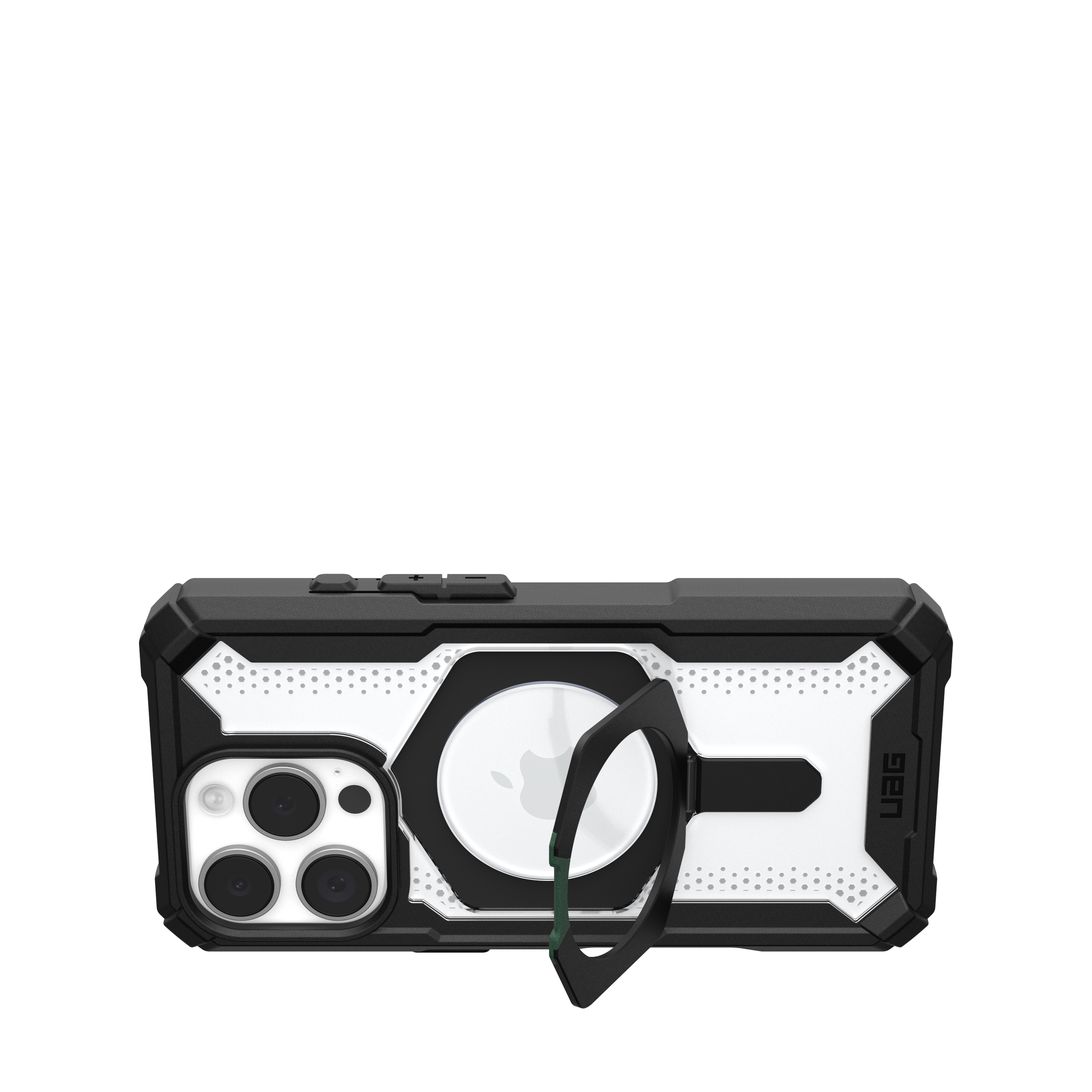 Handyhülle mit schwarz-weißem Design und einem Ring. Der Hintergrund ist schwarz.
