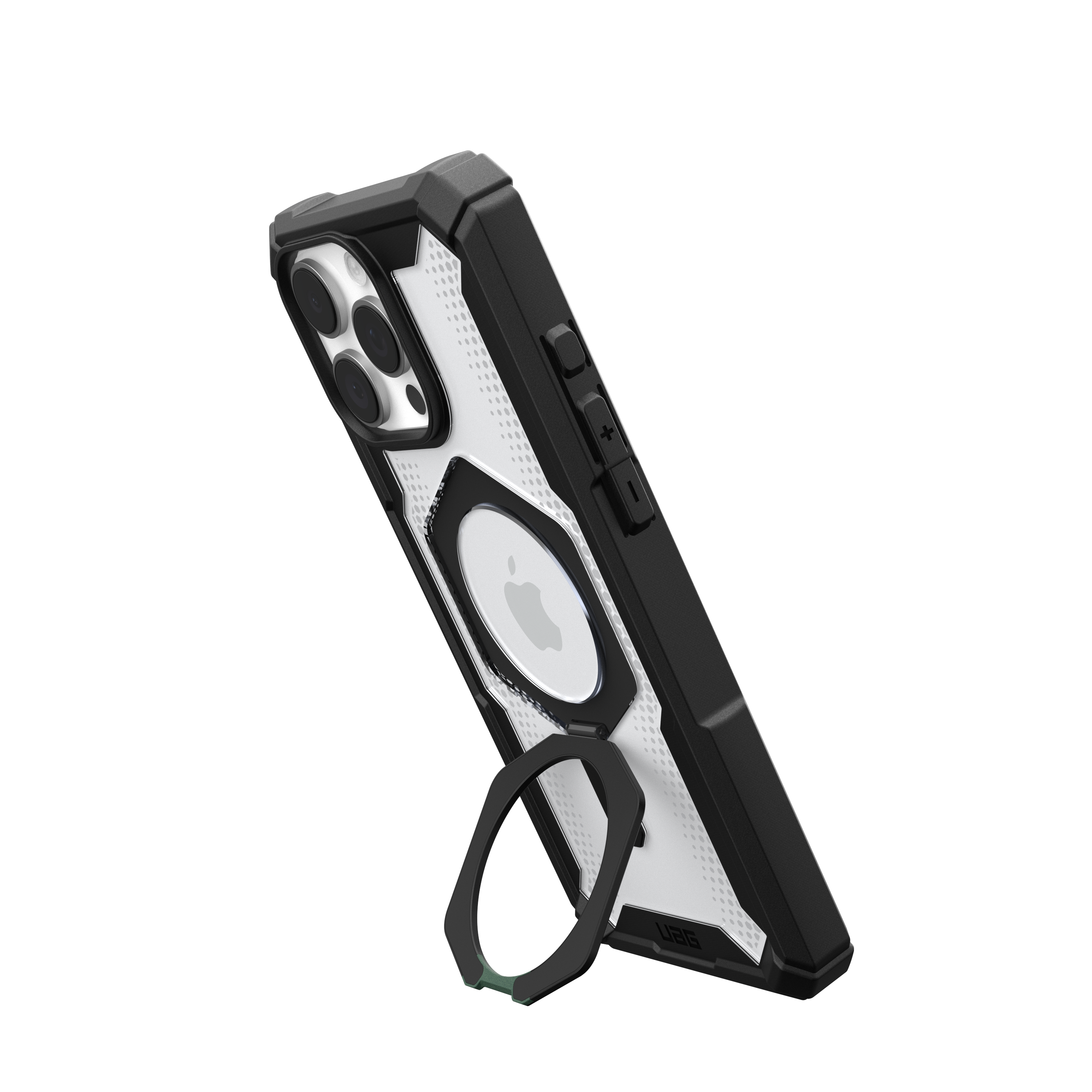 Custodia per iPhone in bianco e nero con anello di supporto. La custodia ha un logo e sfondo nero.