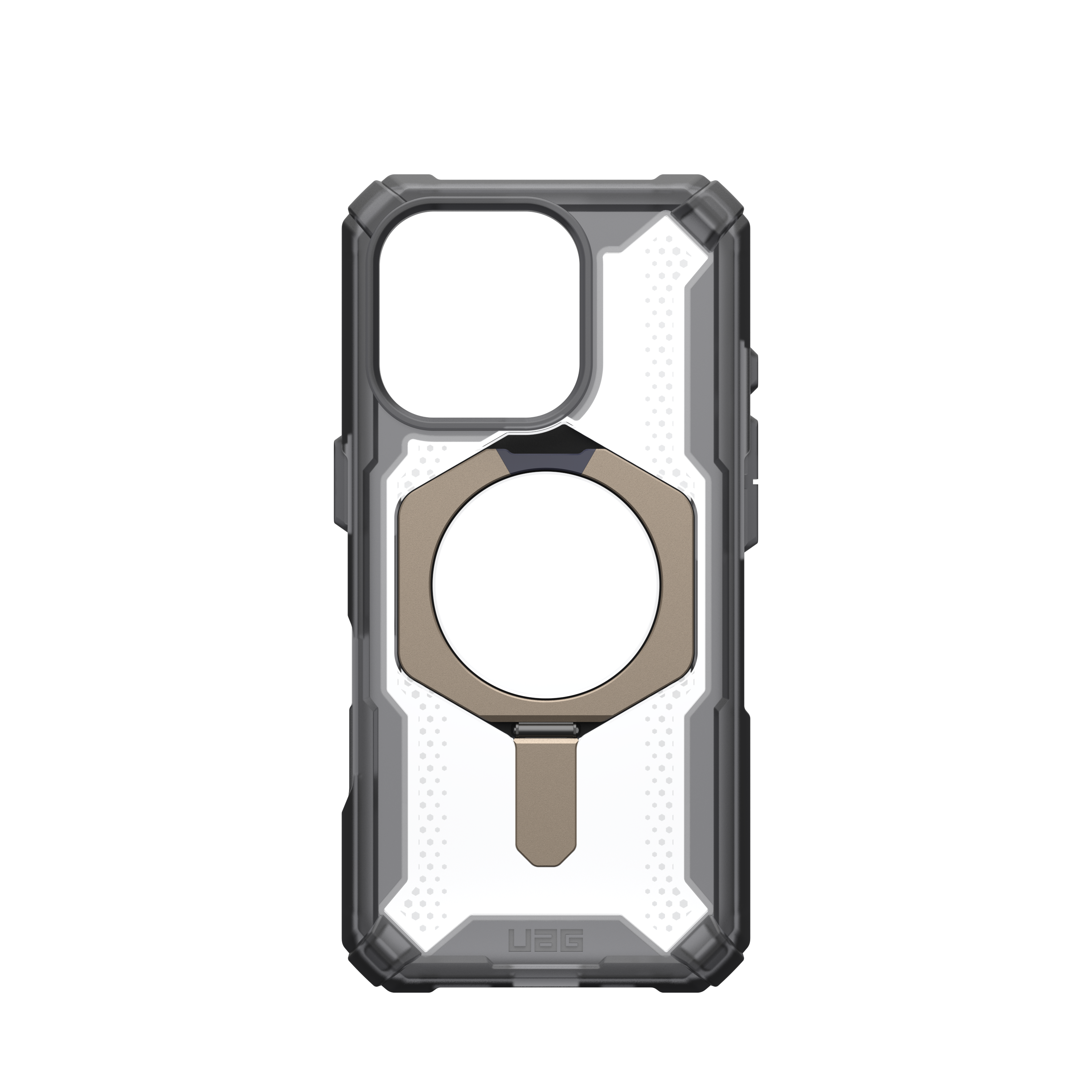 Schwarze und transparente Handyhülle mit Ringhalter vor schwarzem Hintergrund, UAG-Logo sichtbar.
