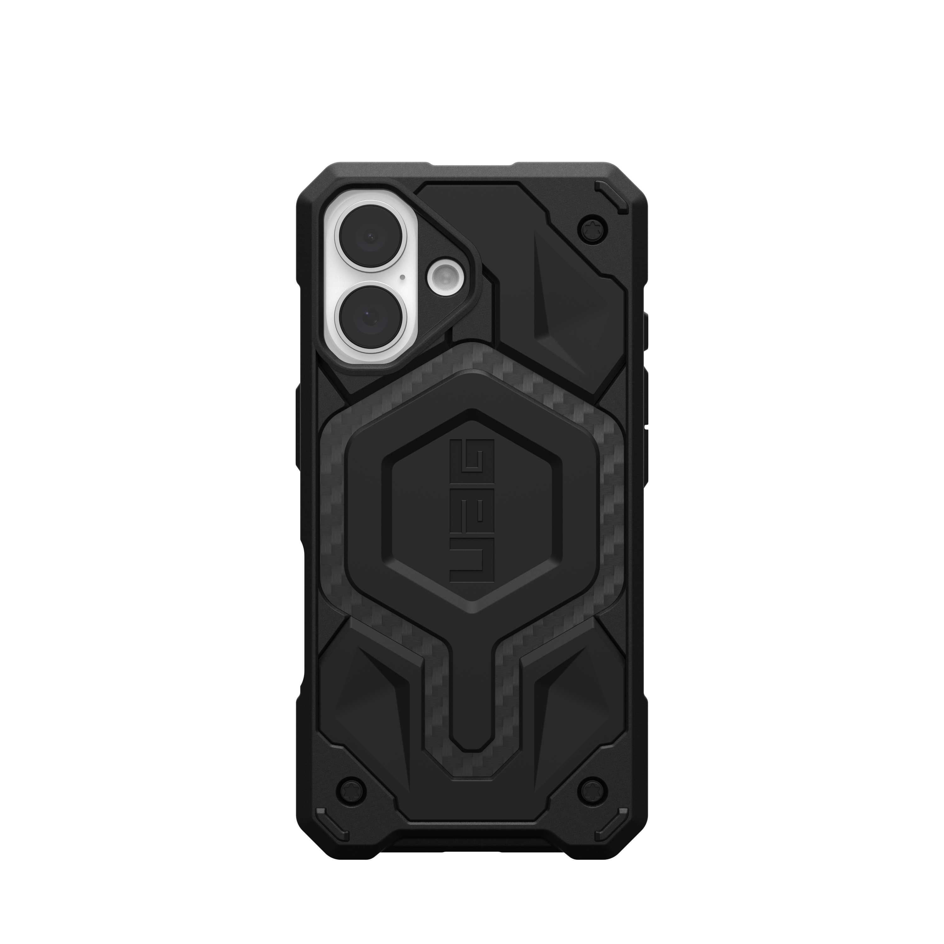 Schwarze Handyhülle mit schwarzem Hintergrund. Die Hülle hat ein UAG-Logo auf der Rückseite.