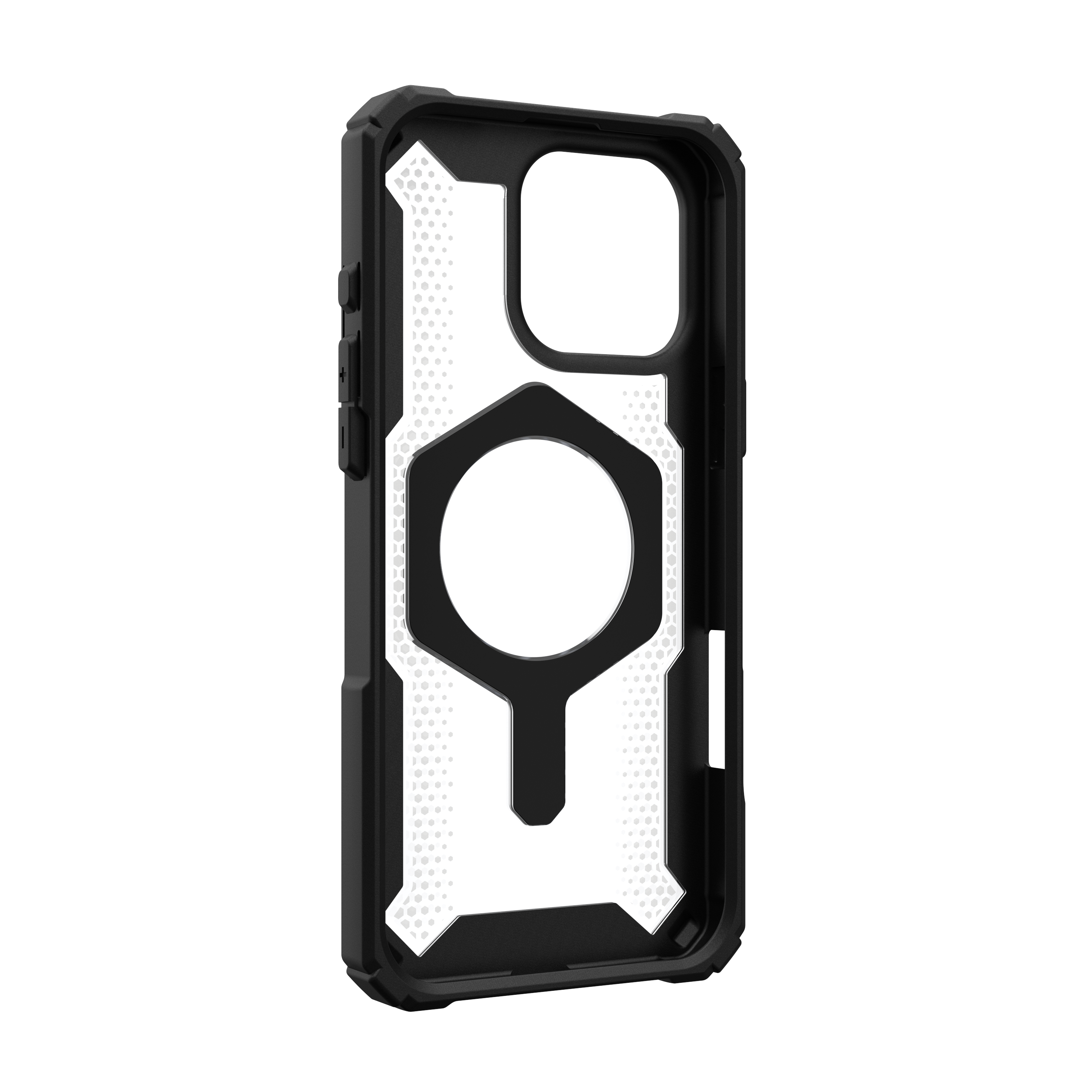 Una custodia nera per telefono con un design bianco e un ritaglio per una fotocamera. Sfondo nero.