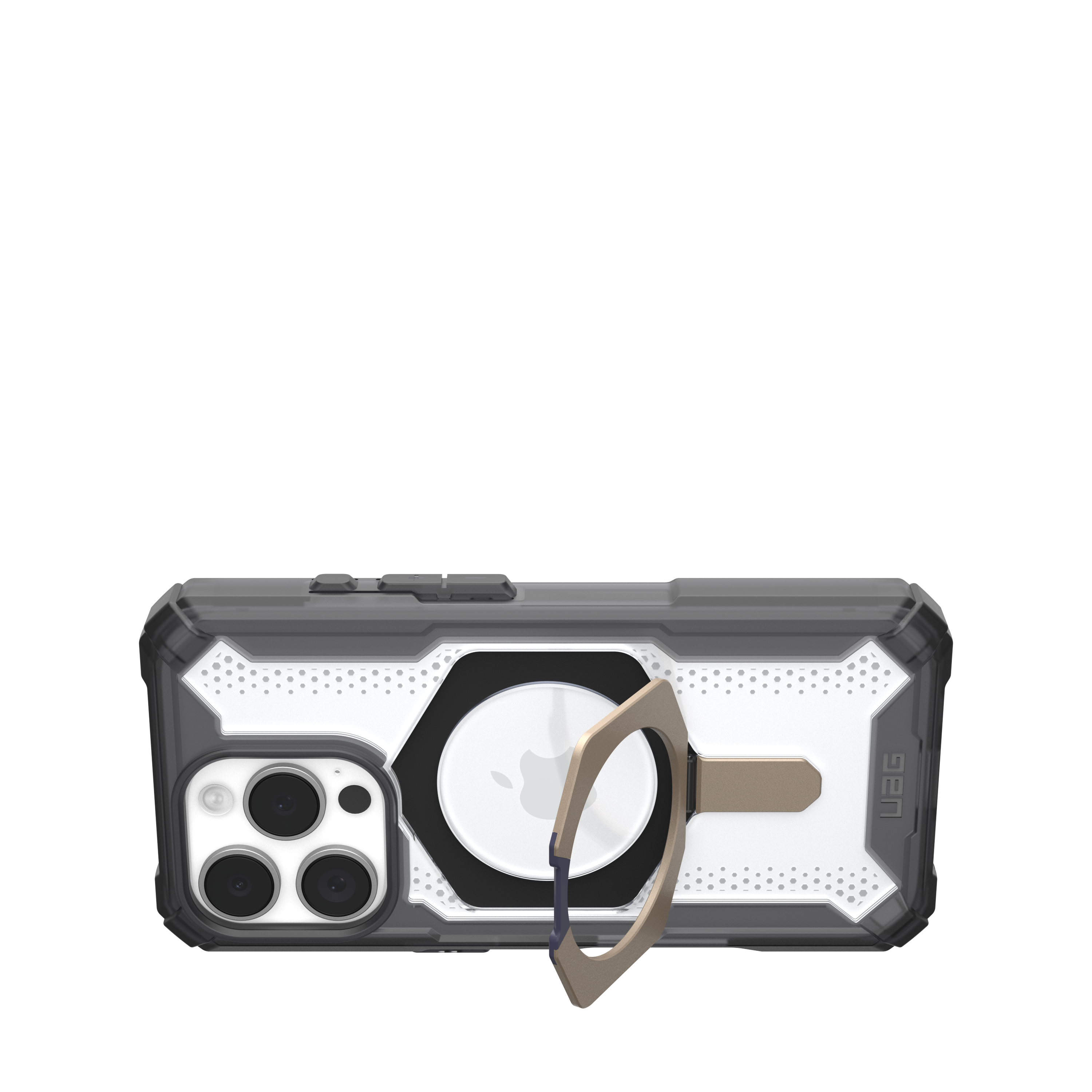 Schutzhülle mit Ring. Enthält Kamera, Apple-Logo und Ring für den Halt, in Schwarz und Grau.