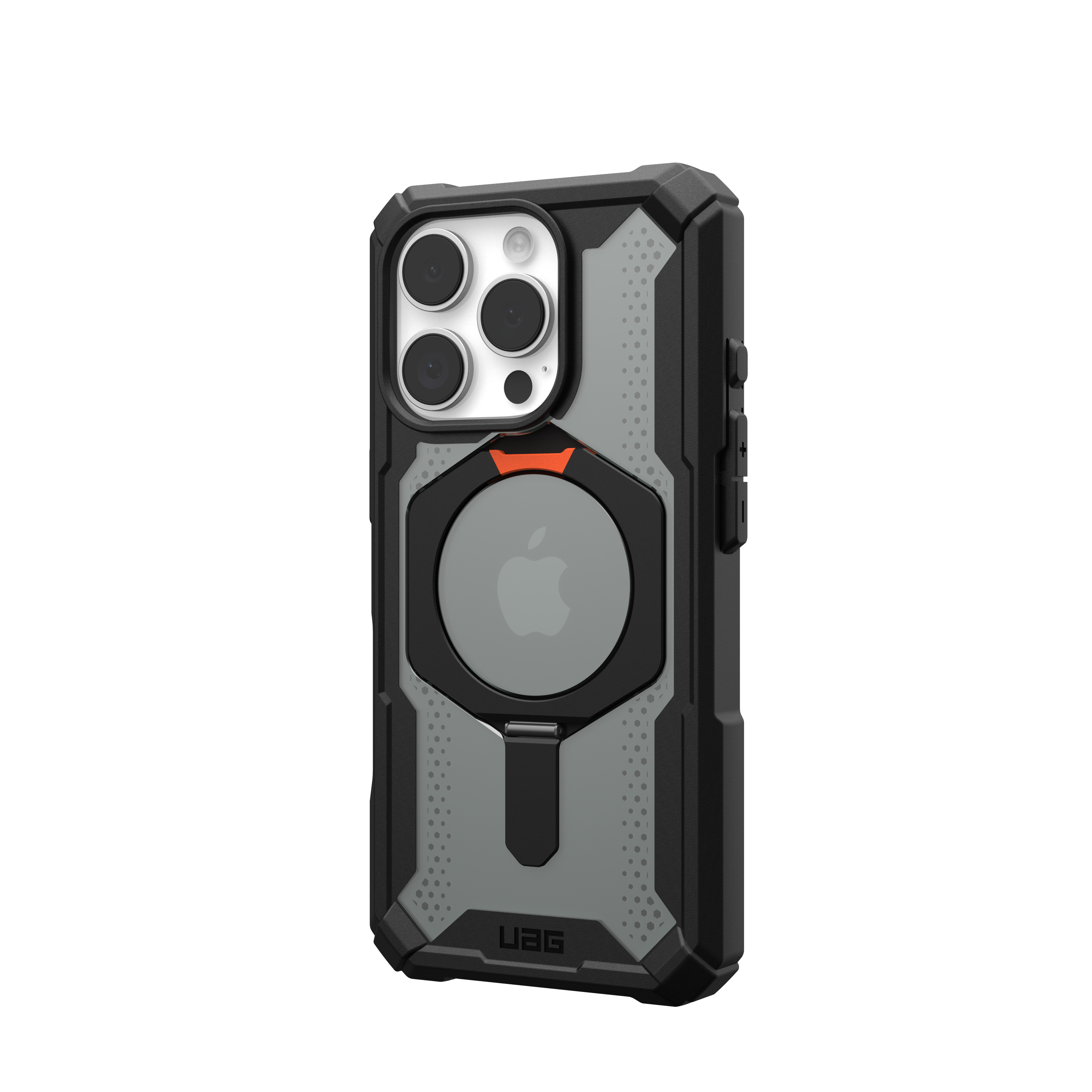 Coque de téléphone noire et grise. Comporte une découpe pour l'appareil photo, un détail orange et le logo de la marque.
