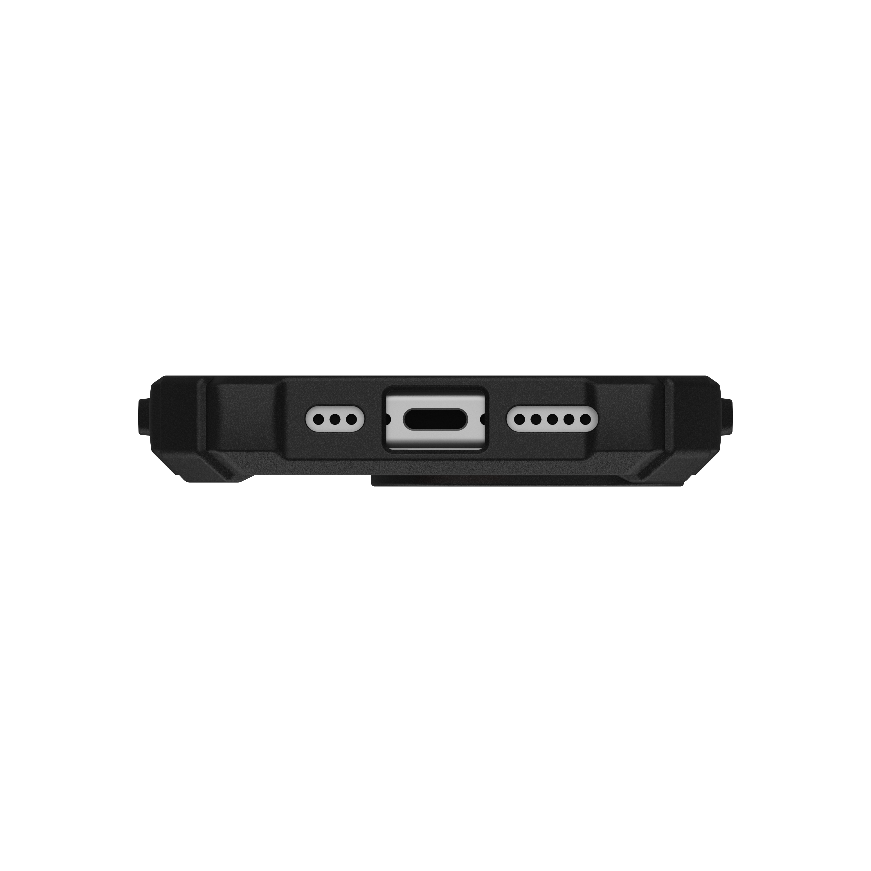 Gros plan sur le bas de l'étui du téléphone avec port de charge, haut-parleurs et trous.