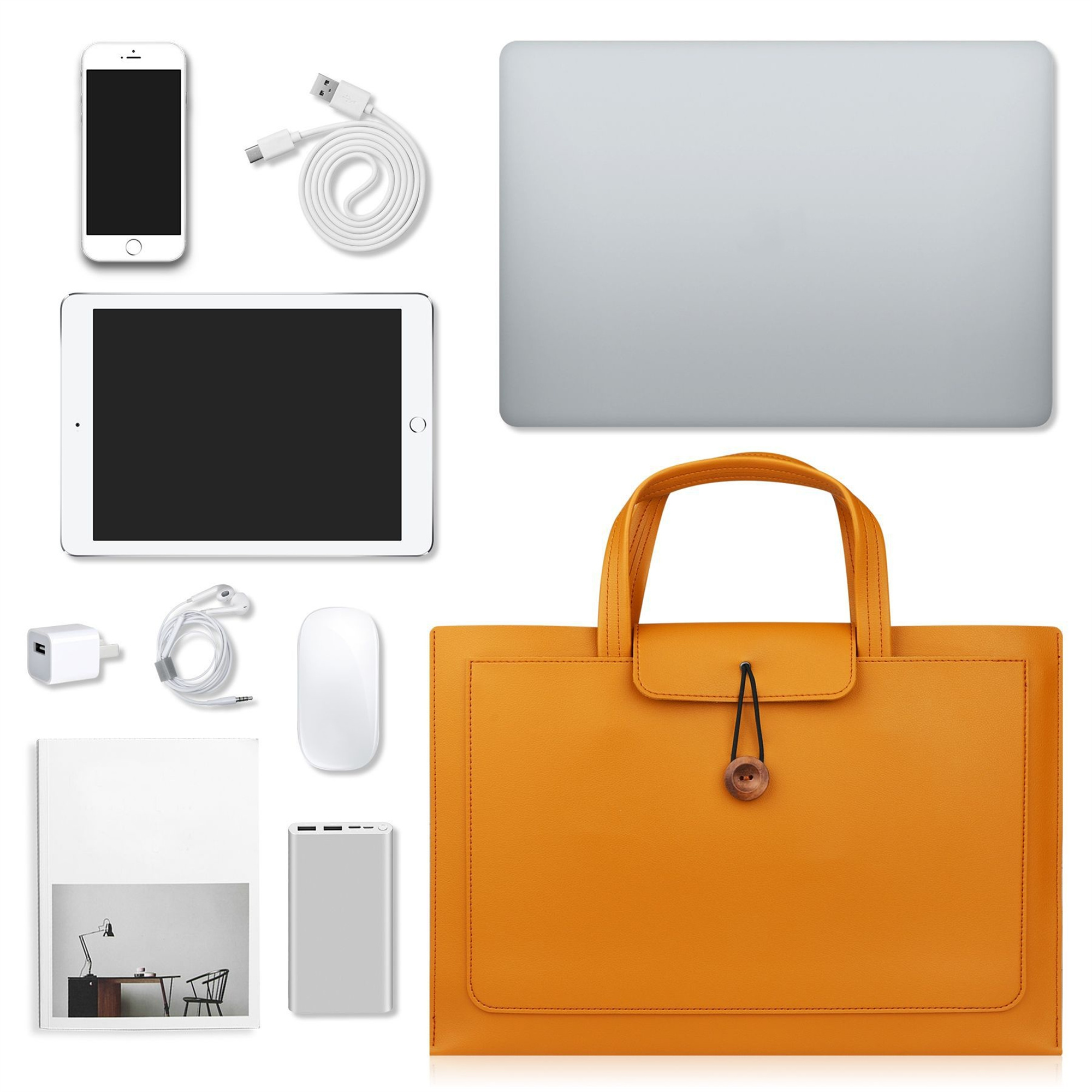 Eine Sammlung von Tech-Artikeln: Telefon, Tablet, Laptop, Ladegerät, Maus und Tasche in Orange.