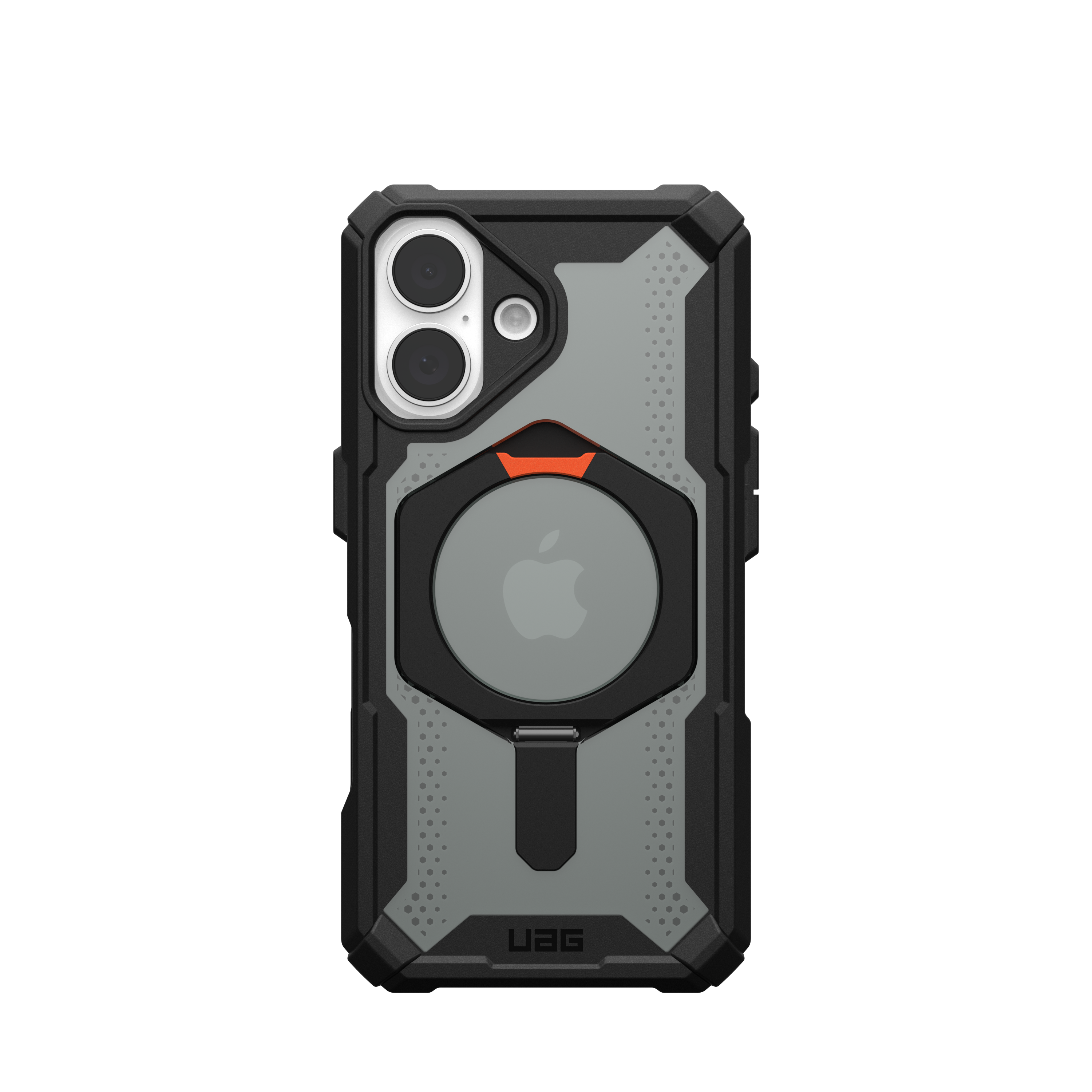 Coque de téléphone noire et grise avec découpe du logo Apple et un accent orange. Fond sombre.