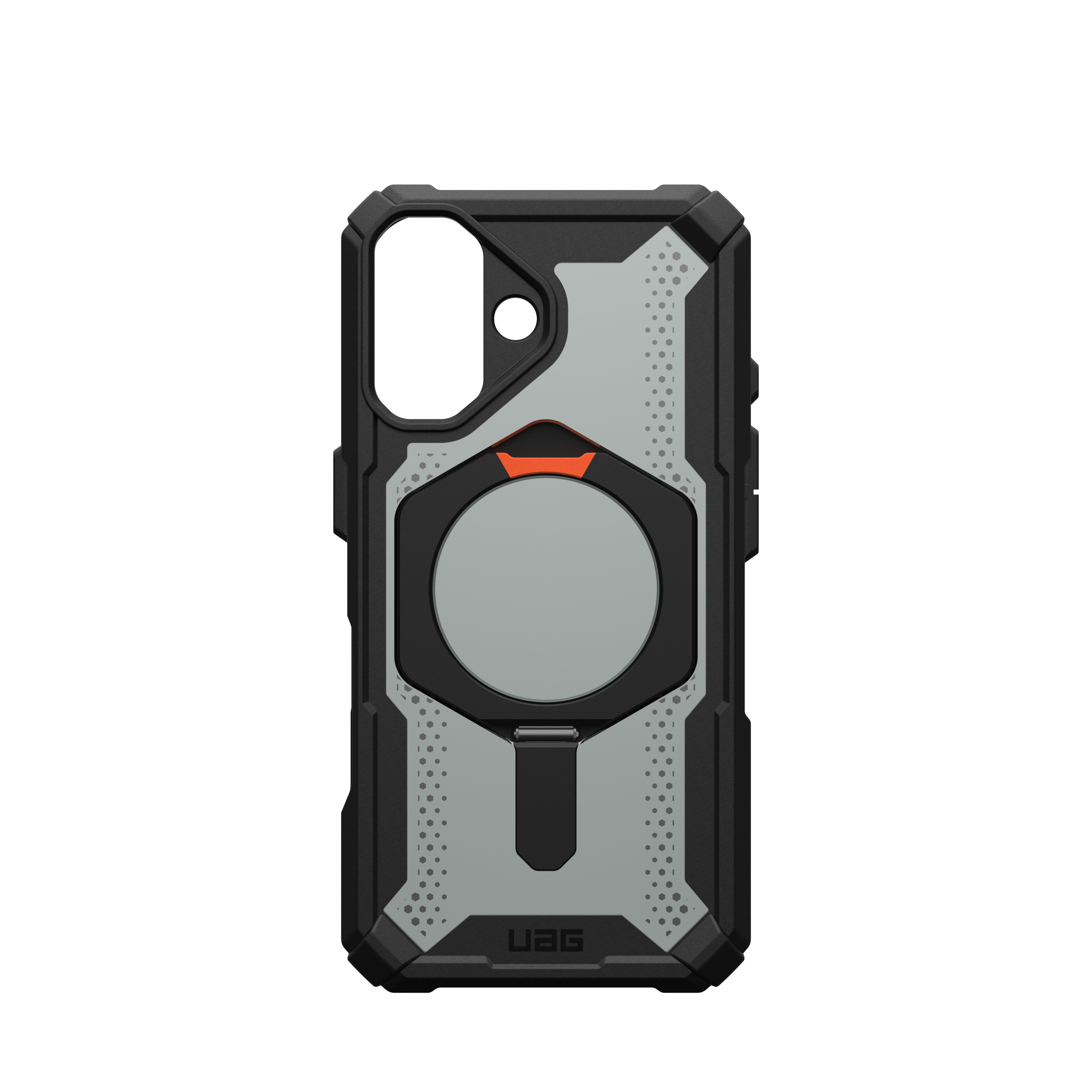 Coque de téléphone noire et grise avec MagSafe. Avec découpe caméra et logo UAG.