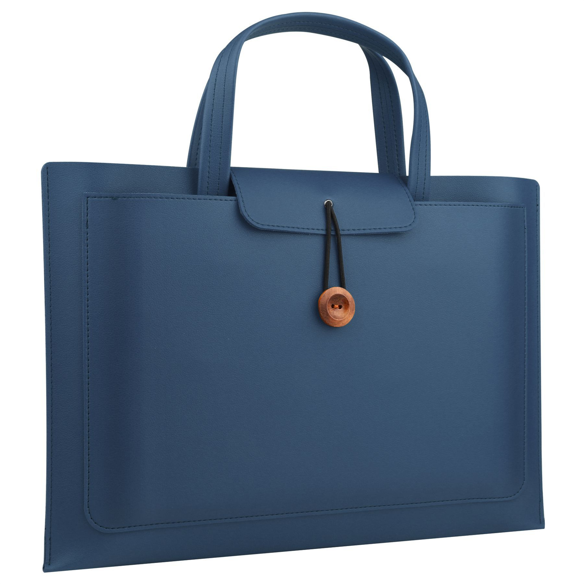 Blauer Dokumentenhalter mit Griff und Knopfverschluss aus Holz.