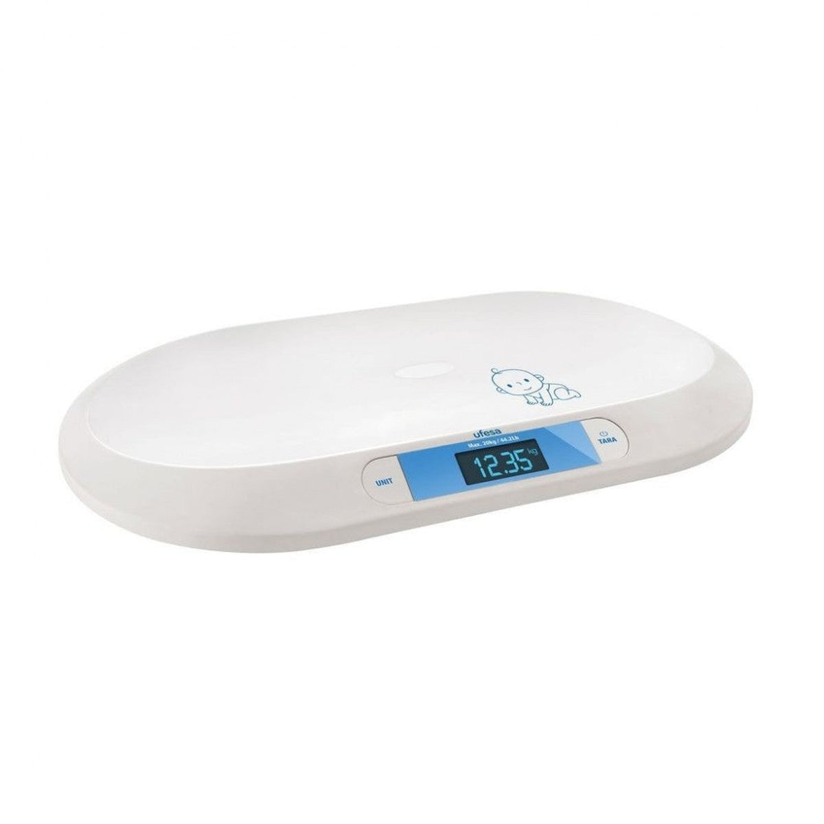 Balanza para bebés blanca con pantalla digital que muestra el peso. Gráfico de bebé azul en la balanza.