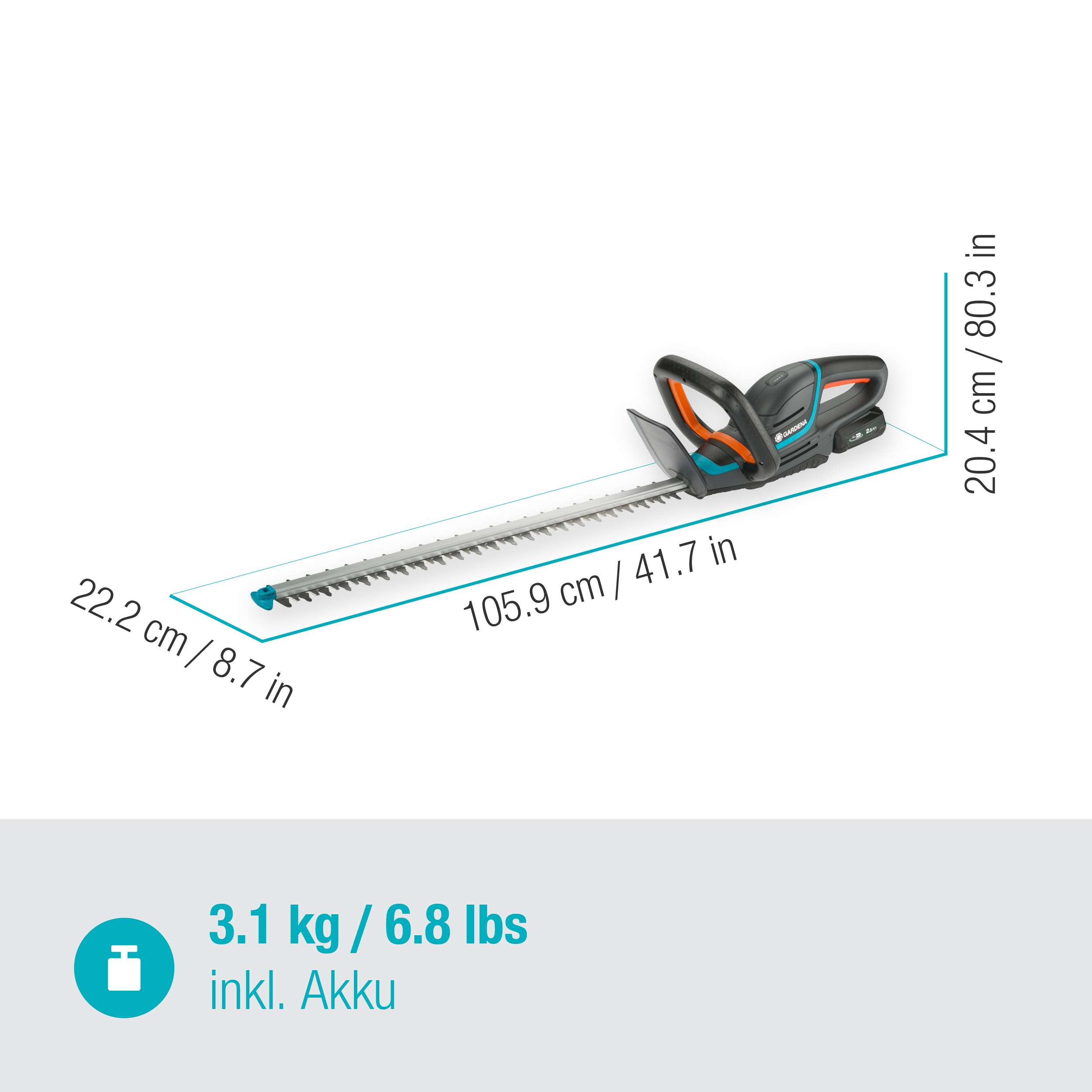 Czarna i pomarańczowa przycinarka do żywopłotu z wymiarami i wagą. Tekst: 3.1 kg / 6.8 lbs incl. Akku.