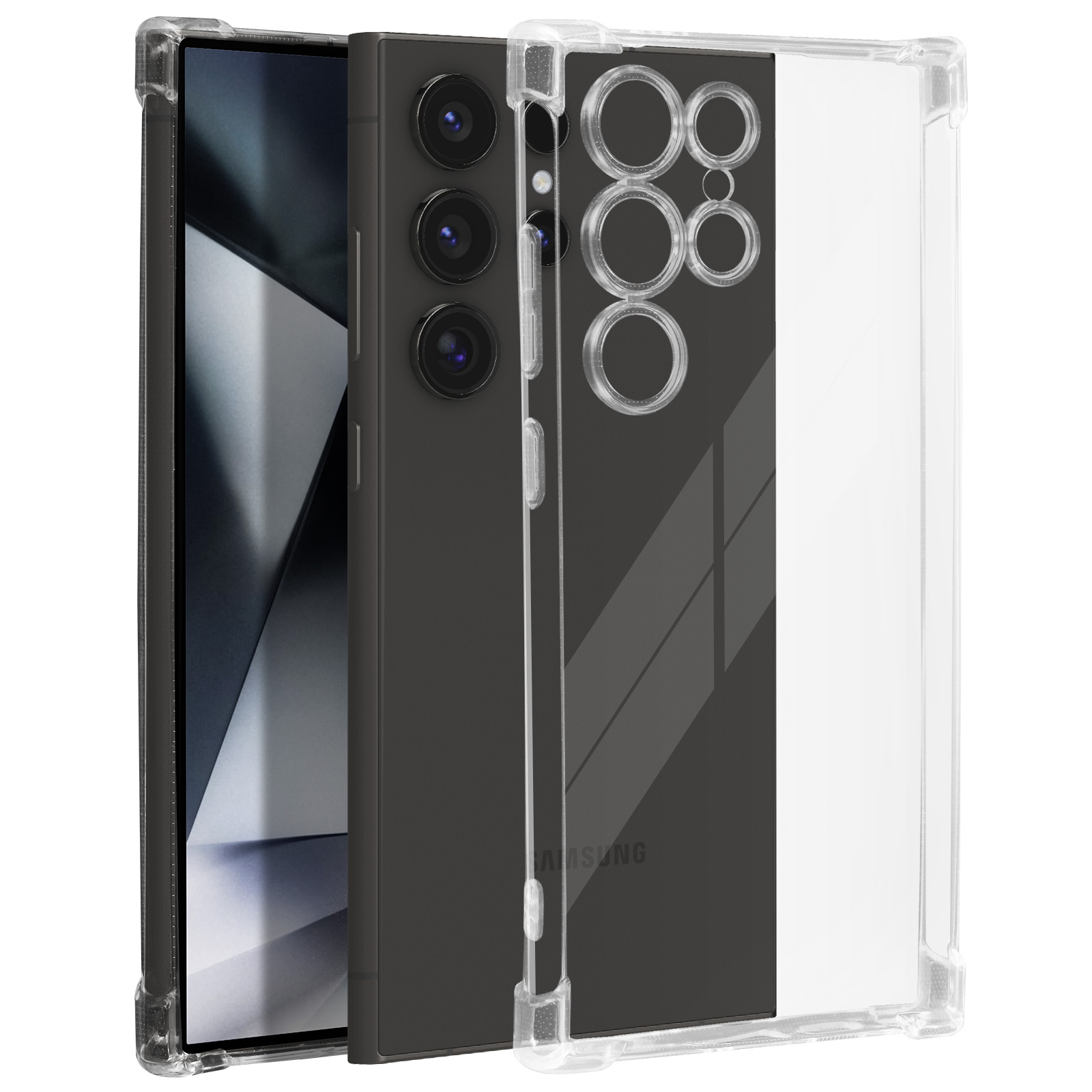 Custodia trasparente su un telefono nero, con tre obiettivi della fotocamera visibili.