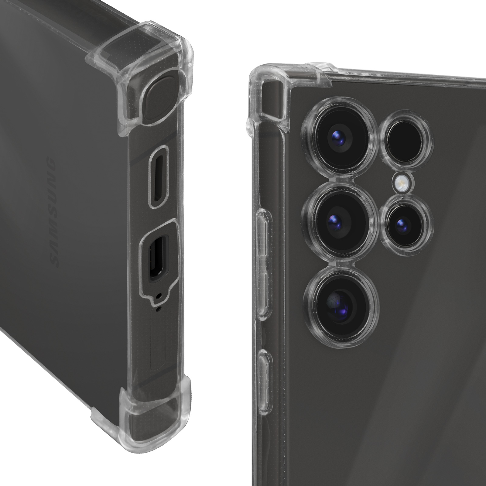 Custodia per telefono. Trasparente con bordi neri e intaglio per fotocamera. Due viste, che mostrano la parte posteriore e laterale.
