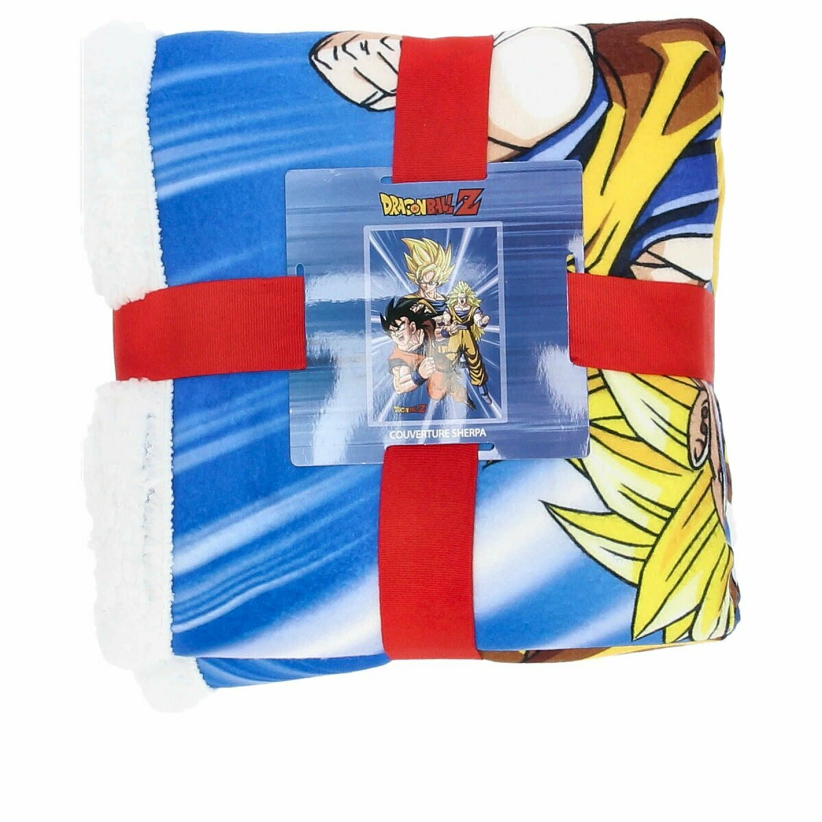 Eine gefaltete Decke mit Dragon Ball Z-Motiv. Sie ist mit einem roten Band und einem Etikett umwickelt.