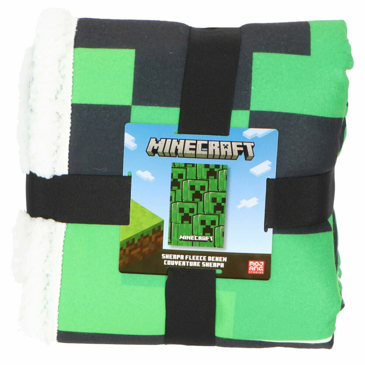 Eine gefaltete und mit schwarzem Band gebundene Minecraft Creeper Decke mit sichtbarem Etikett.